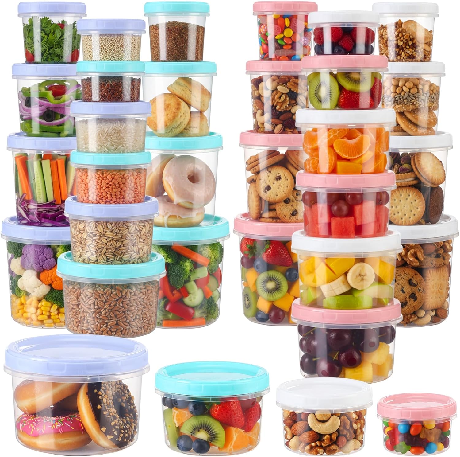 32 Pcs Freezer Food Storage Containers Screw Lids 8 Size (7oz-50oz) Large Stackable Reusable Food Storage Containers for Soup Salad Snack Leftovers Microwave Dishwasher Safe (White,Blue)