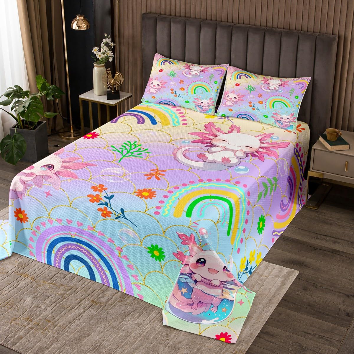 Manfei Cute Axolotl Quilt Bedding Set King,Cartoon Salamander Rainbow Kids Boys Girls Coverlet Bedspread,Cute 3D Ocean Animal Bedding Bed Cover,Gradient Scale Printed Bedspread Set (1 Quilt+ 2 Shams)