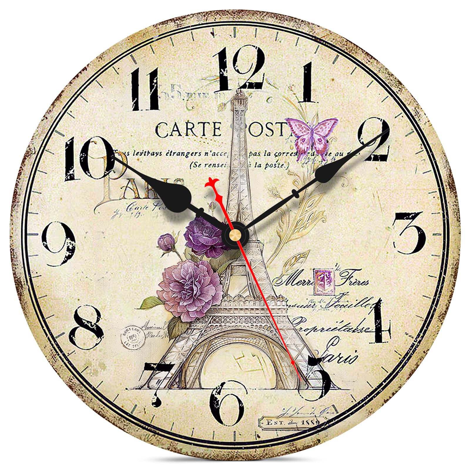VIKMARI 14 Inch Paris Wall Clock, Vintage/Country/French Style Wooden Clock, Family Decoration Eiffel Tower Retro Wood Clock, Silent Non-Ticking Round Painted Paris Tower Retro Style Hanging Clocks