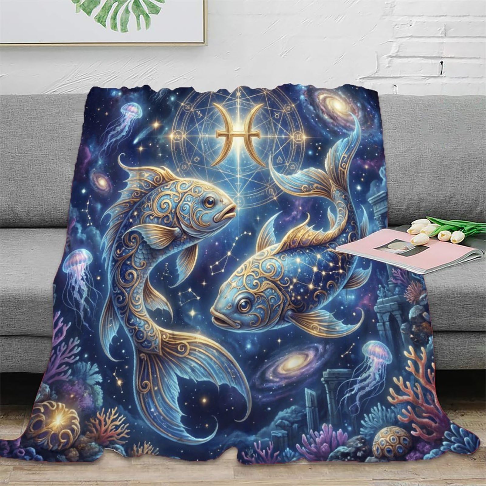 H3B8U2Y5 Pisces Zodiac Celestial Flannel Throw Blanket, Bed Camping Travel