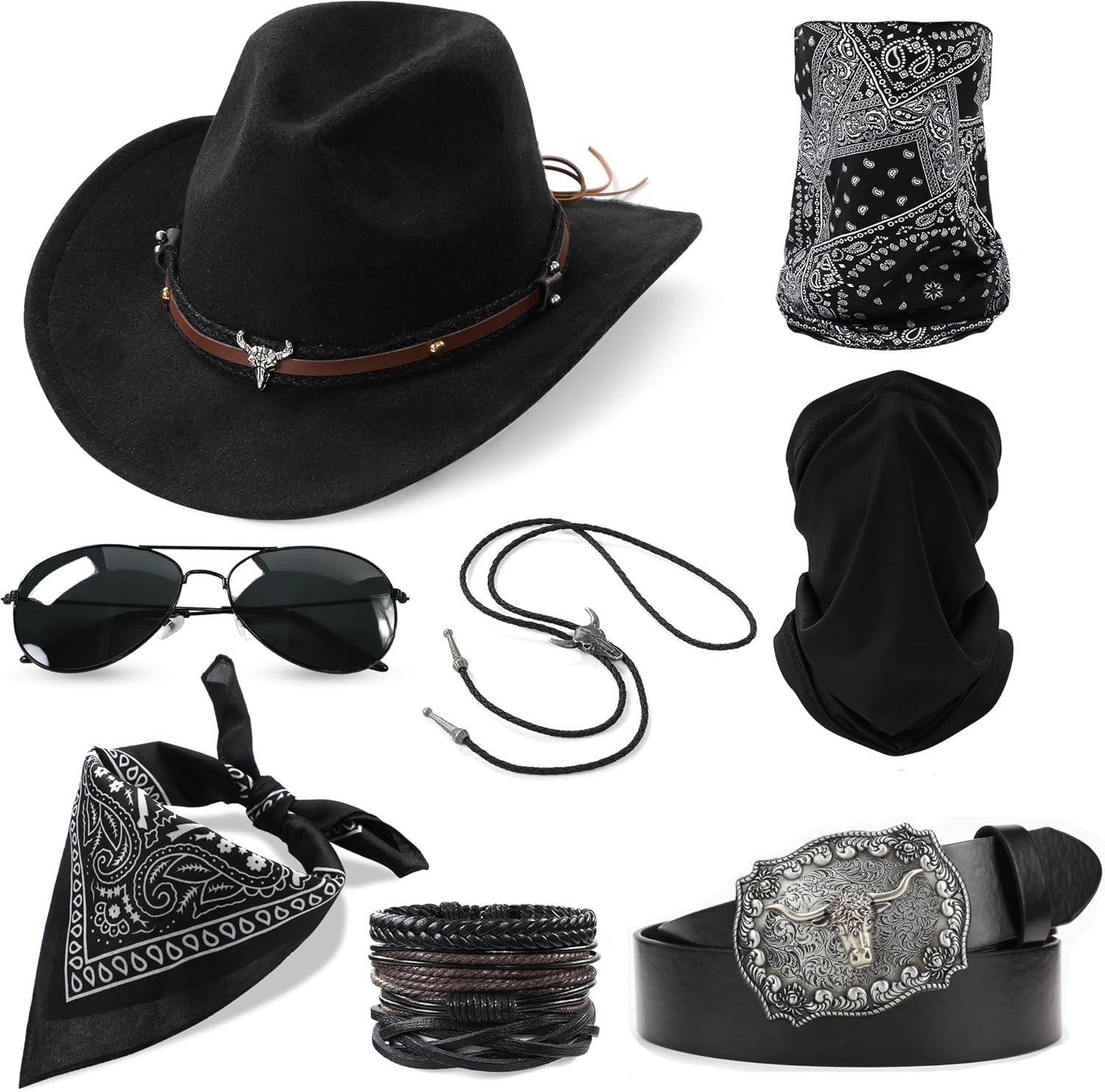 8 PCS Western Cowboy Costume Outfit for Men Cowboy Hat Belt Neck Gaiter Face Cover Accessories for Halloween Party Cosplay (Black)