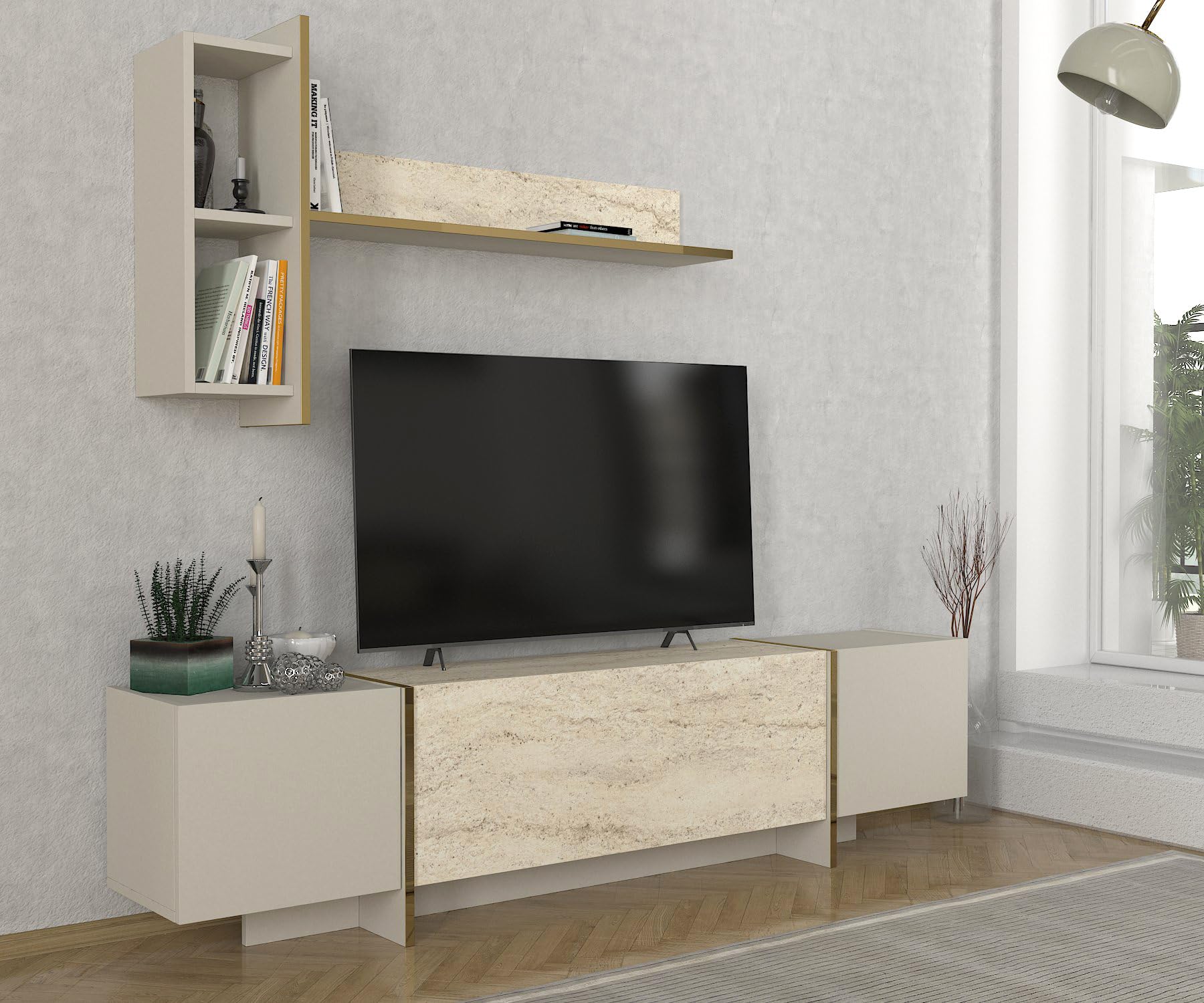 moebel17 Wohnwand Braun Dunkelgrau,Moderne Anbauwand Holz, TV Lowboard Marmor Optik, Mediawand mit Hängeregal, 4 Türen, viel Stauraum, glänzend, 180 x 45 x 32 cm, 2574