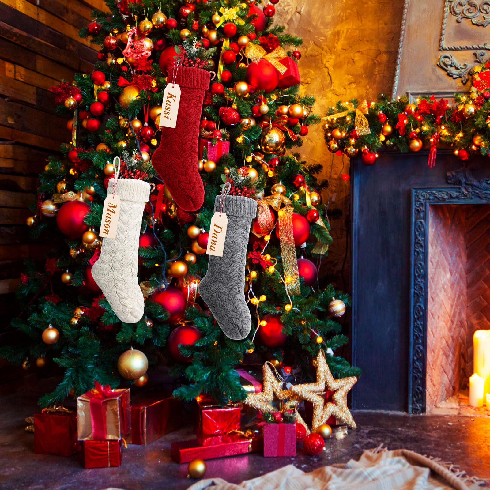 Sumind Lot de 6 chaussettes de Noël tricotées avec étiquettes nominatives, décoration de cheminée (bordeaux, gris, blanc ivoire) - 45,7 cm