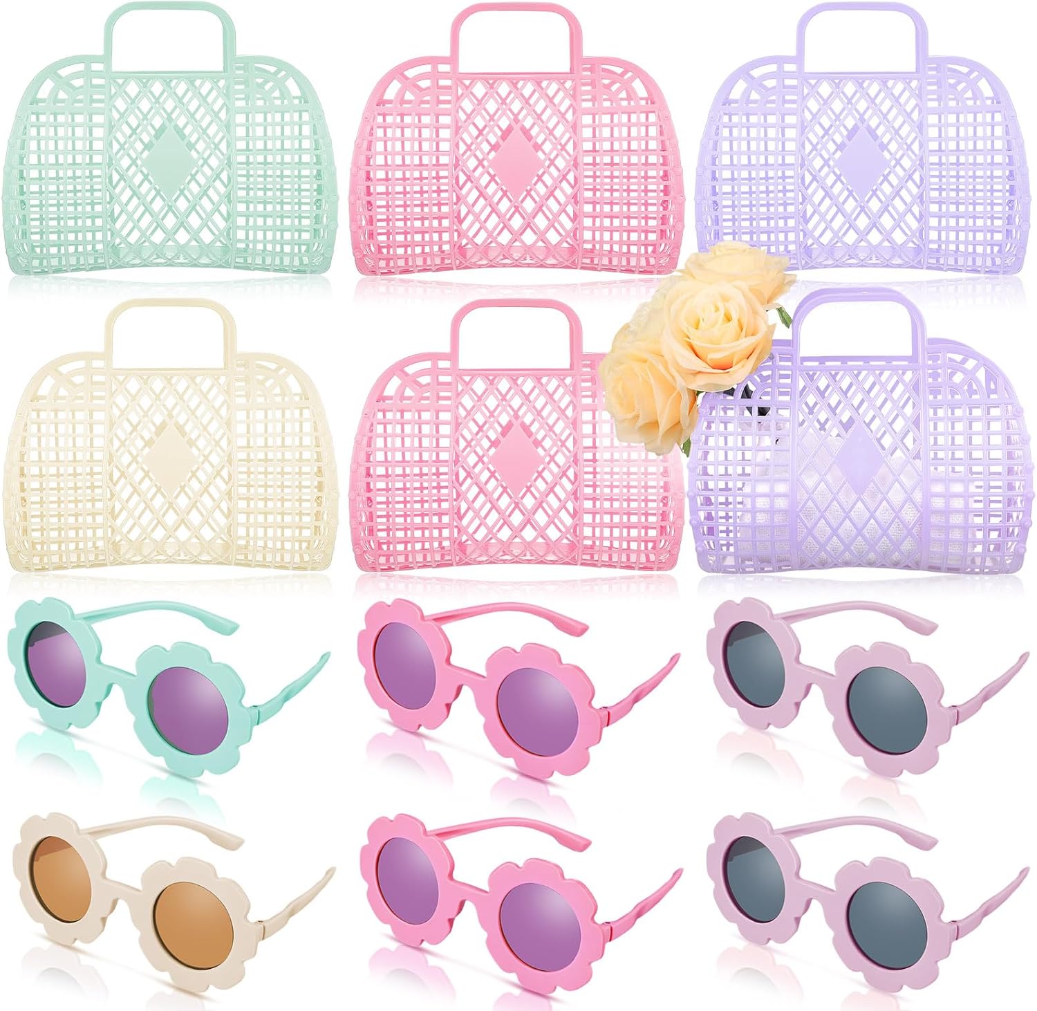 Sweetude 12 Pcs Jelly Bags with Sunglasses Jelly Purse Basket Reusable Tote Beach Handbags for Women Girls Kid
