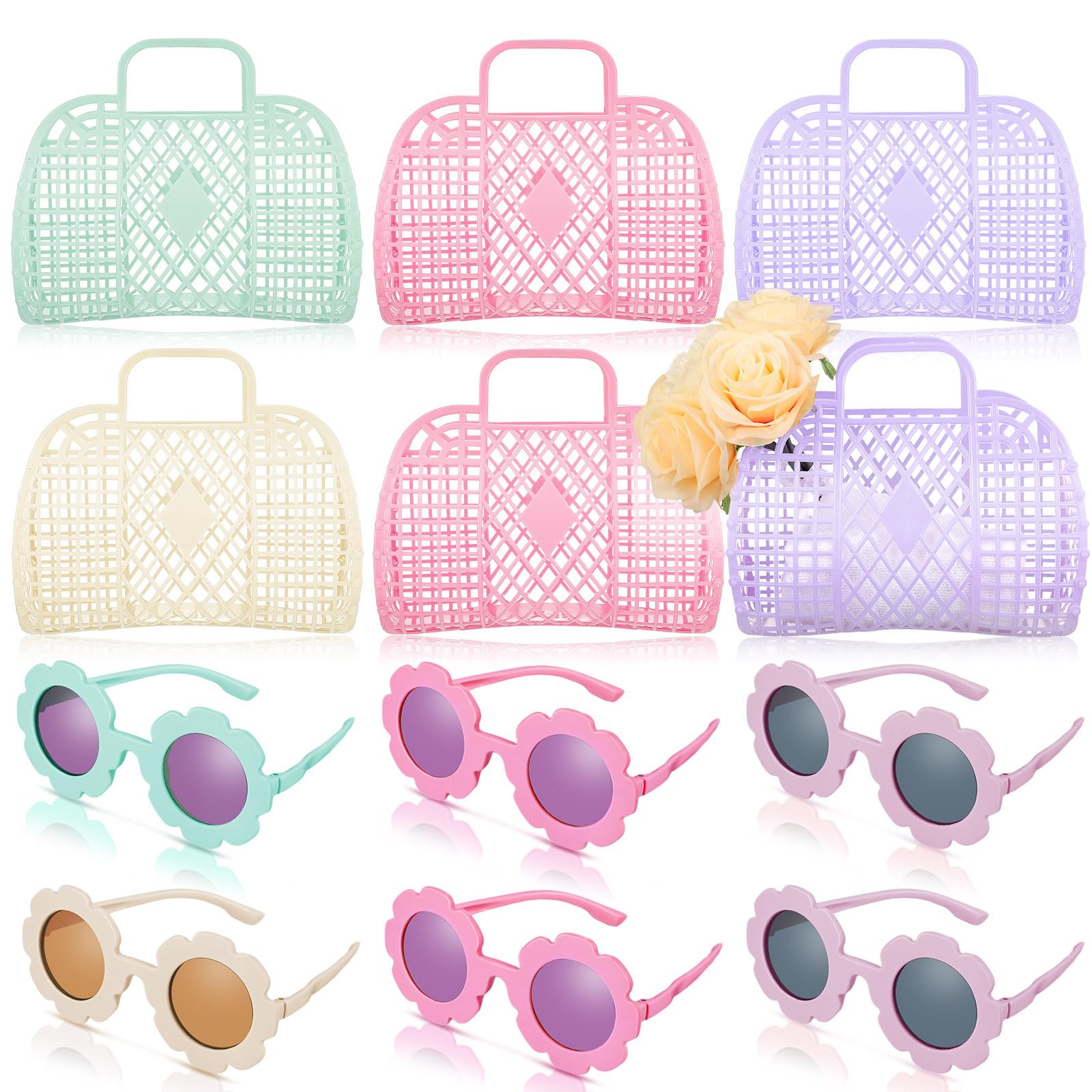 Sweetude 12 Pcs Jelly Bags with Sunglasses Jelly Purse Basket Reusable Tote Beach Handbags for Women Girls Kid