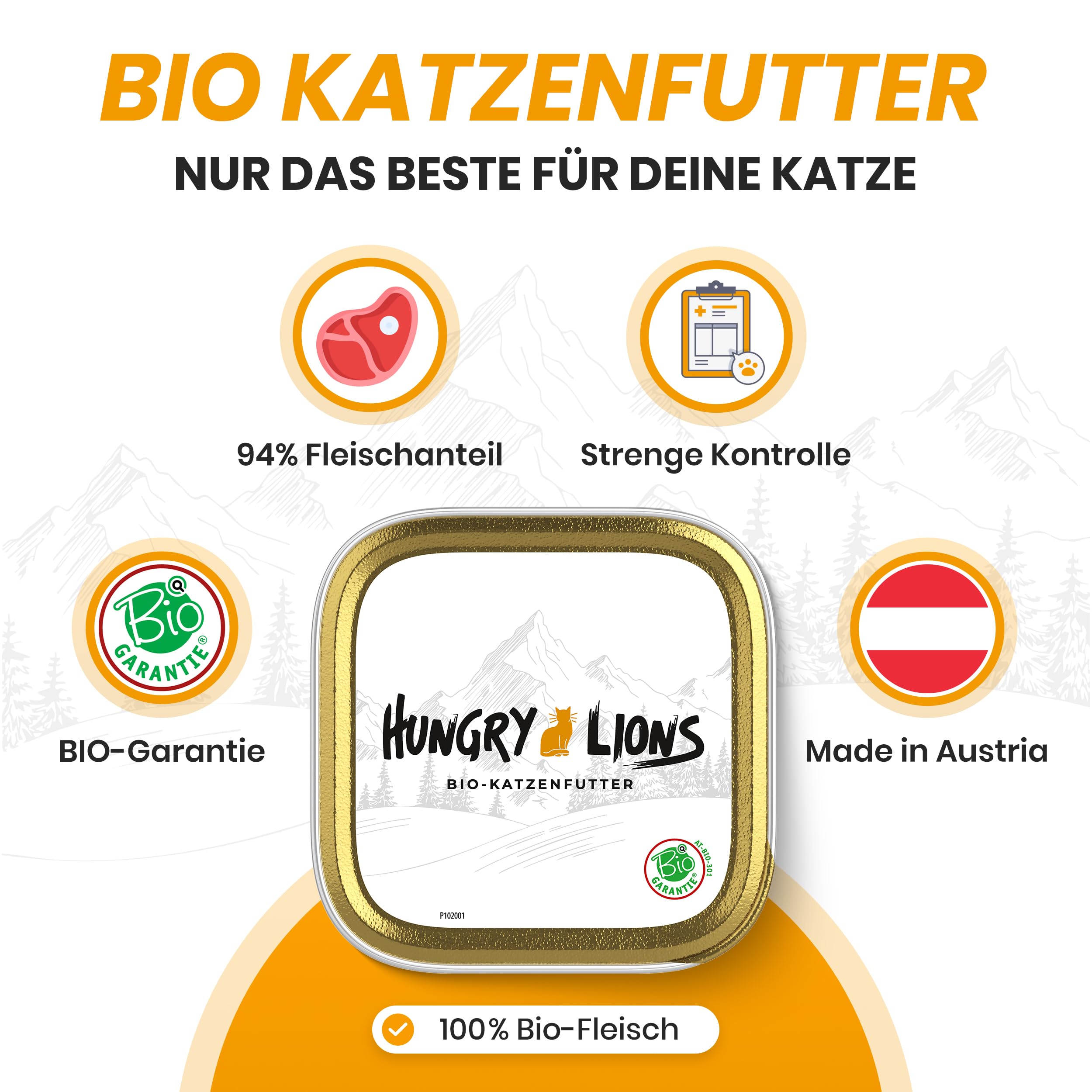 Bio Katzenfutter nass – Katzenfutter nass ohne Zucker und Getreide – Katzenfutter mit hohem Fleischanteil von 94% – Natürliches Katzenfutter - Hergestellt in Österreich (50x100g)