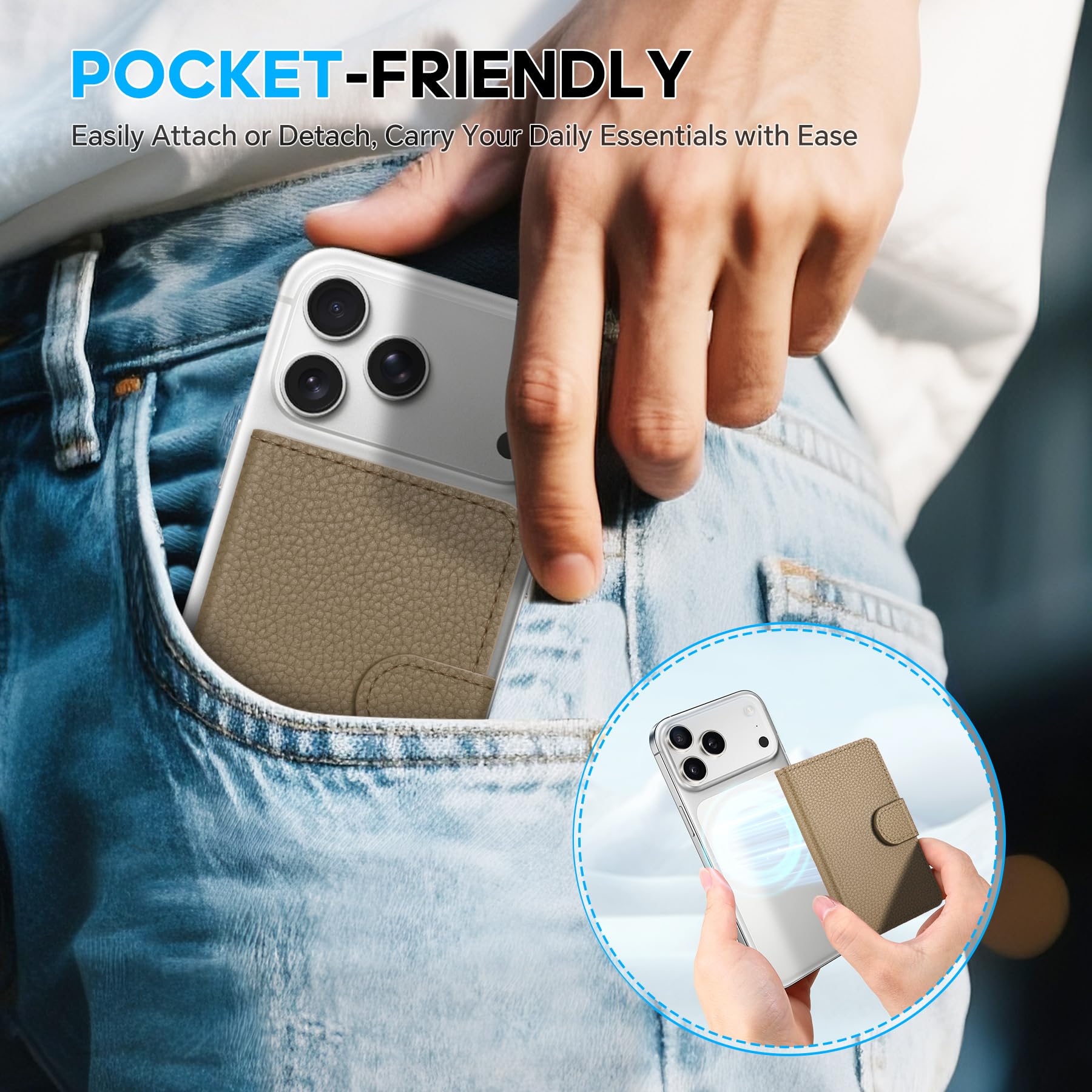 SHIELDON Tarjetero Adhesivo, Cartera Magnética de Cuero Genuino Extraíble [Bloqueo RFID][Ranura para Tarjeta] Leather Phone Wallet para iPhone Serie 17/16/15/14/13/12 - Grano de Litchi Caqui
