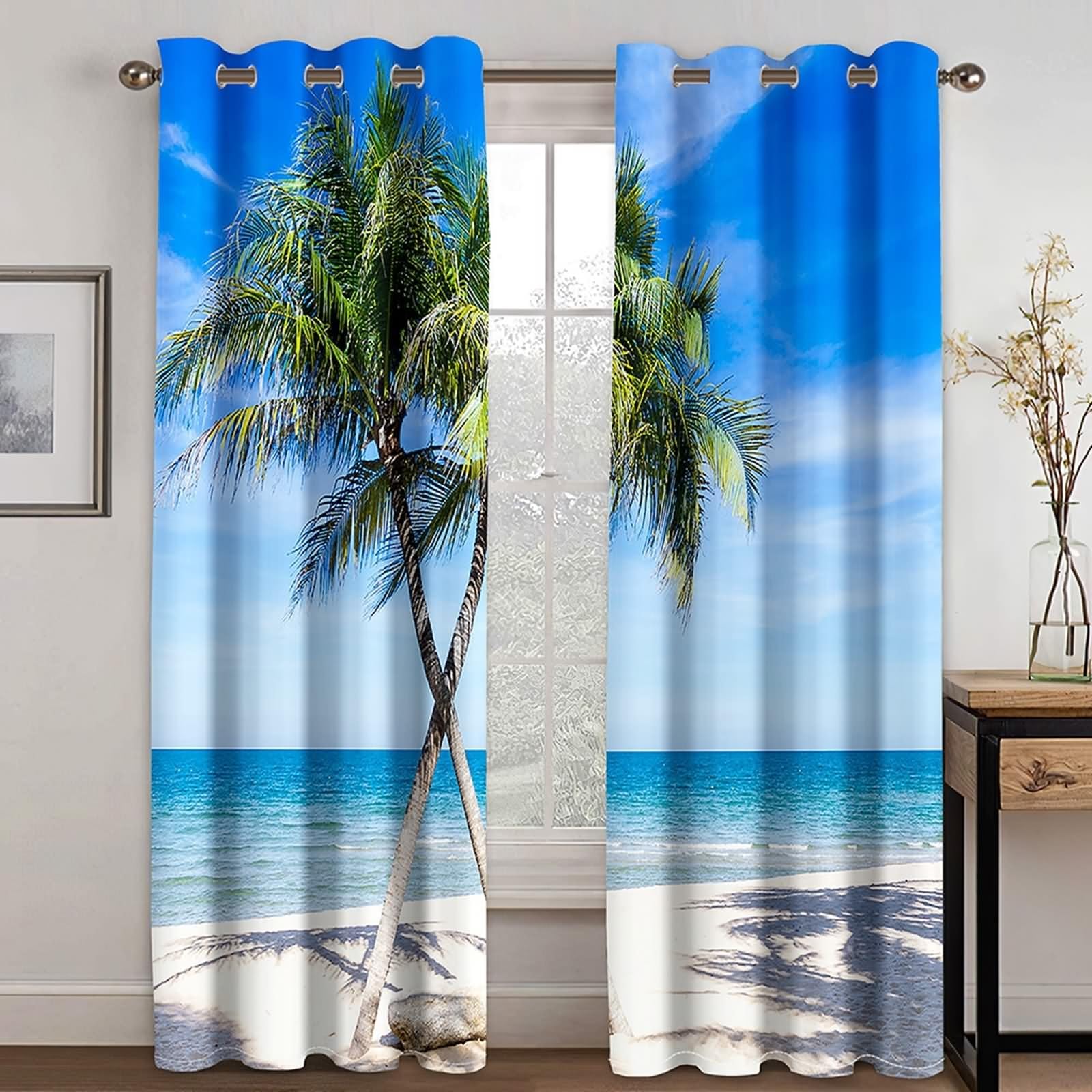 Nieprzezroczyste zasłony wewnętrzne, zasłona zaciemniająca niebiesko-zielona plaża krajobraz i drzewo kokosowe poliester zestaw 2 szt. 192 x 214 cm