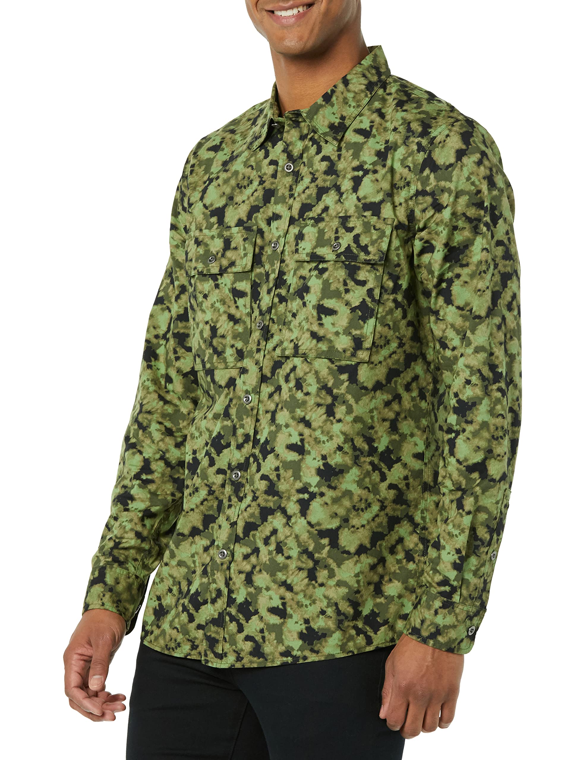 Amazon Essentials Men's Standard-Fit Long-Sleeve Two-Pocket Utility Shirt, Olive Camo Print, X-Large Tall