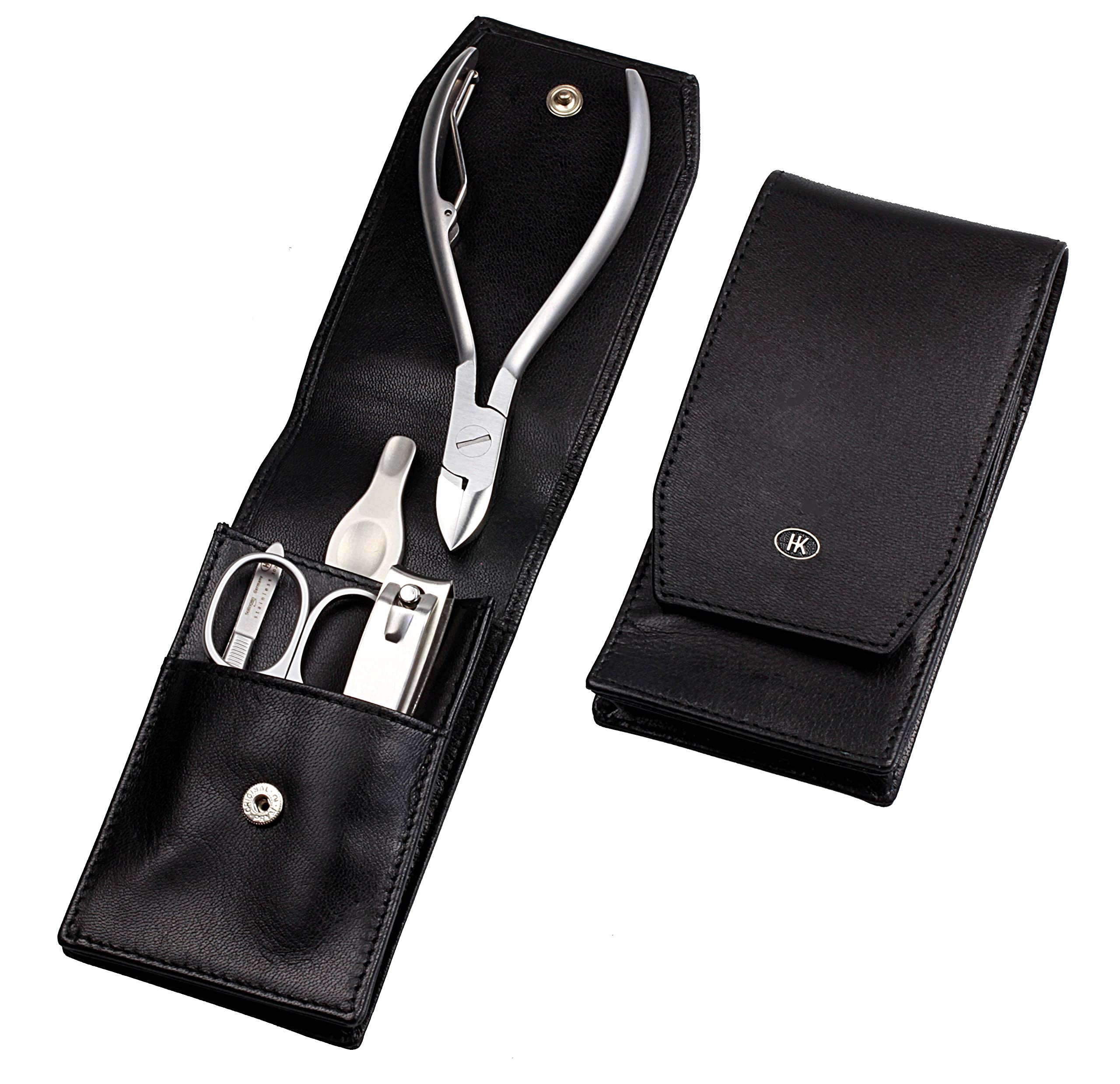 by Hans Kniebes - Taschenmaniküre - 5-tlg. Set mit Nagelschere, Nagelzange, Fußnagelknipser, Nagelfeile, Pinzette - echt Nappa-Ziegenleder