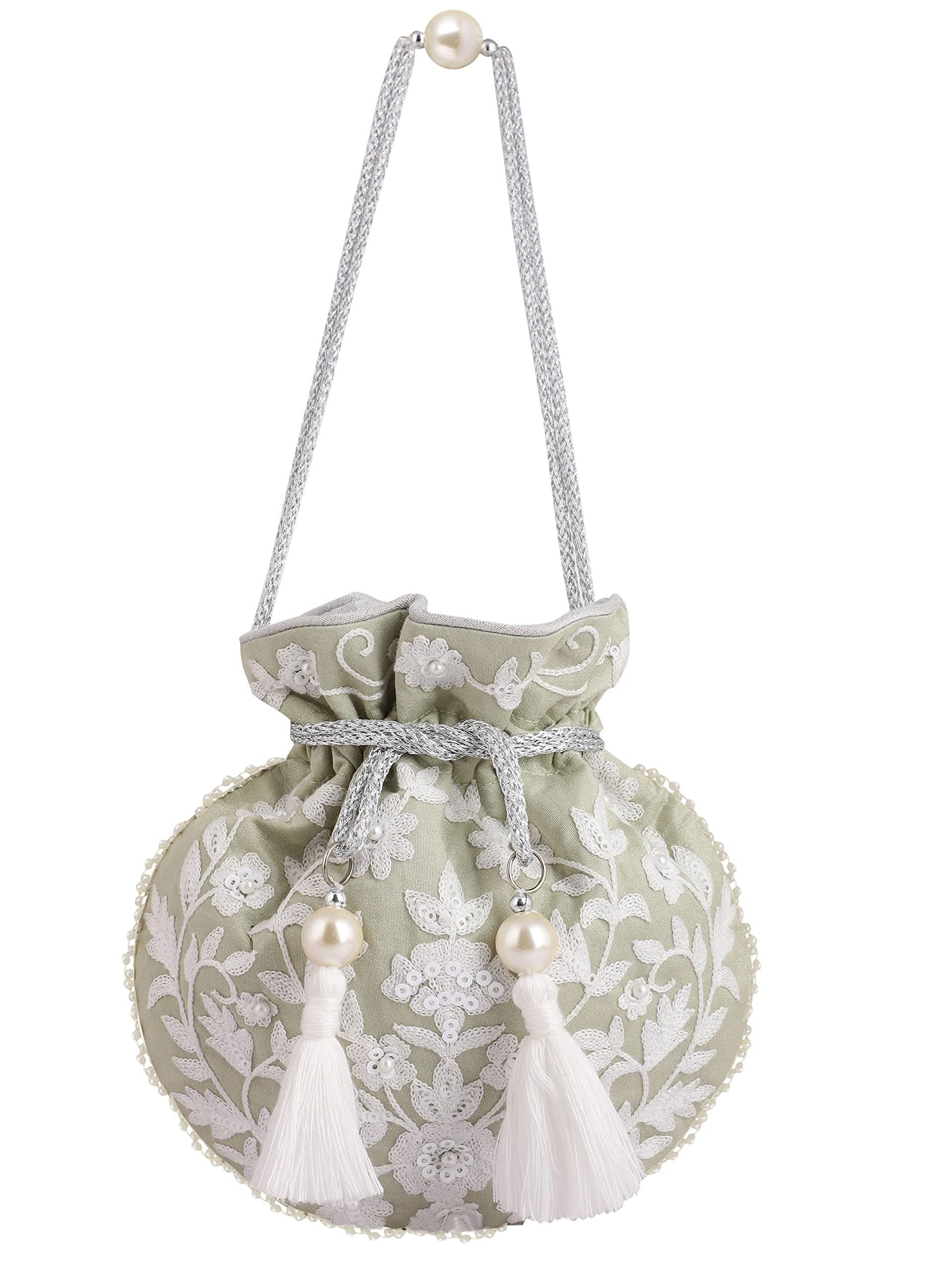 MASQ Women's By Q-One Embroidered Silk Potli Bags - Handcrafted For Weddings, Festive Season & Special Occasions With Beads And Sequins - Made In India, Mint