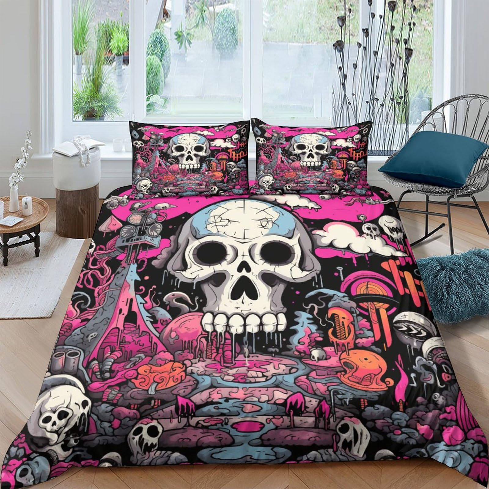 Housse de couette respirable et confortable motif crâne 3D parure de lit souple facile à nettoyer