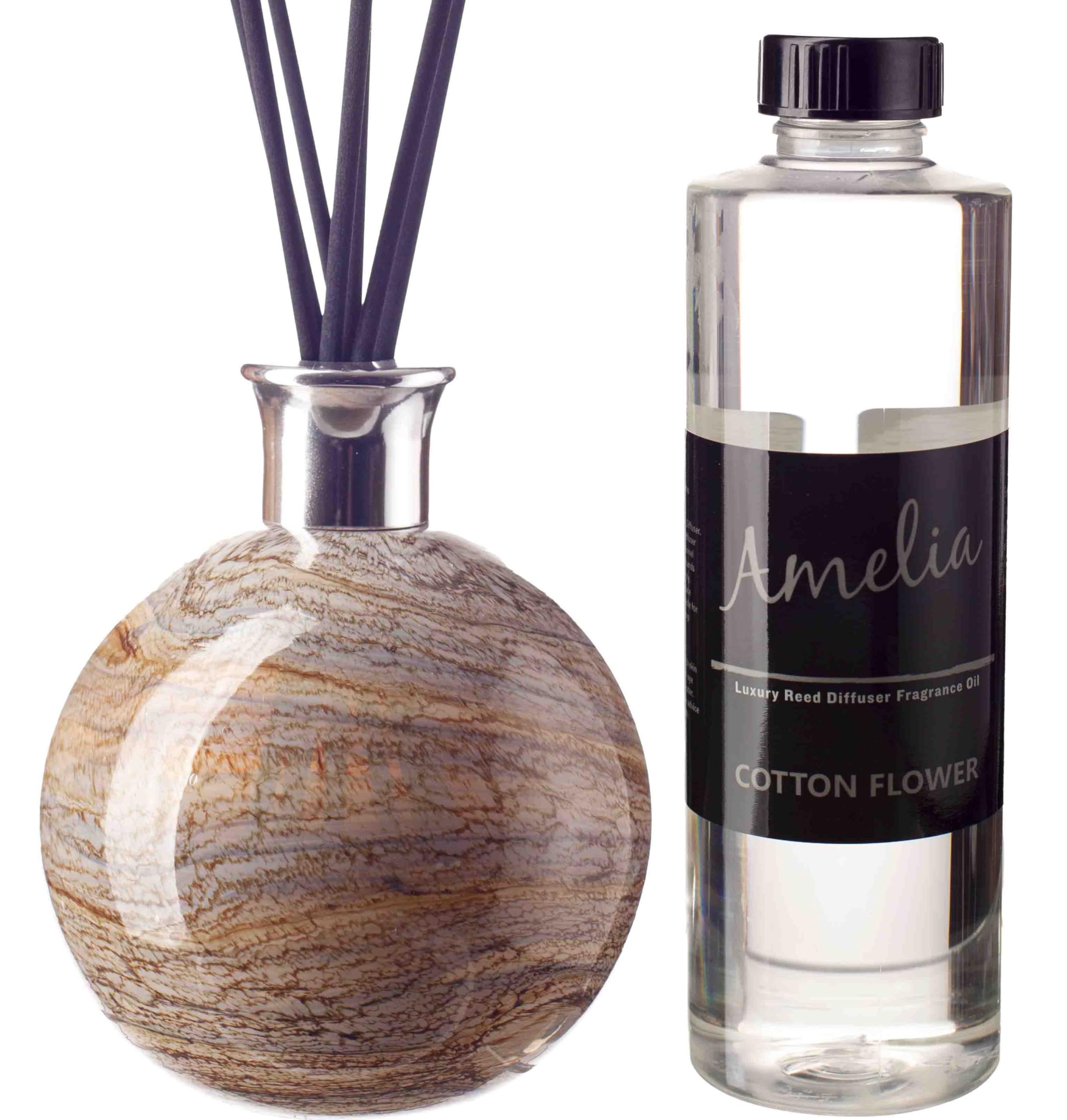 Amelia Art Glass Blue And Cream Reed Diffuser Large Sphere In Beige And Cream (Natural Stone) With Cotton Flower Fragrance