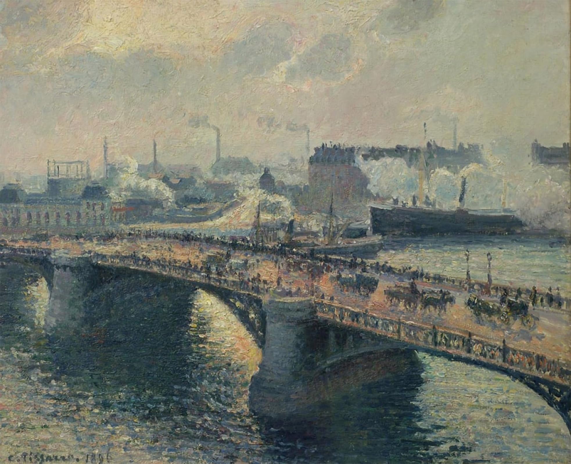 SERENDIPITP Vintage Picture Print on Canvas Wall Art Poster The Pont Boieldieu In Rouen Sunset Foggy Weather by Camille Jacob Pissarro Artwork Print Poster for Wall Decor 60x90cm