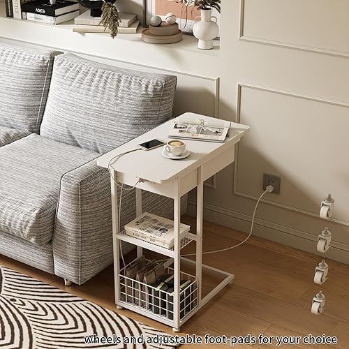 Miniatura 5 de LIDYUK Mesa auxiliar en forma de C con estación de carga, mesa auxiliar abatible con puertos USB y tomas, mesa de sofá con estante de almacenamiento