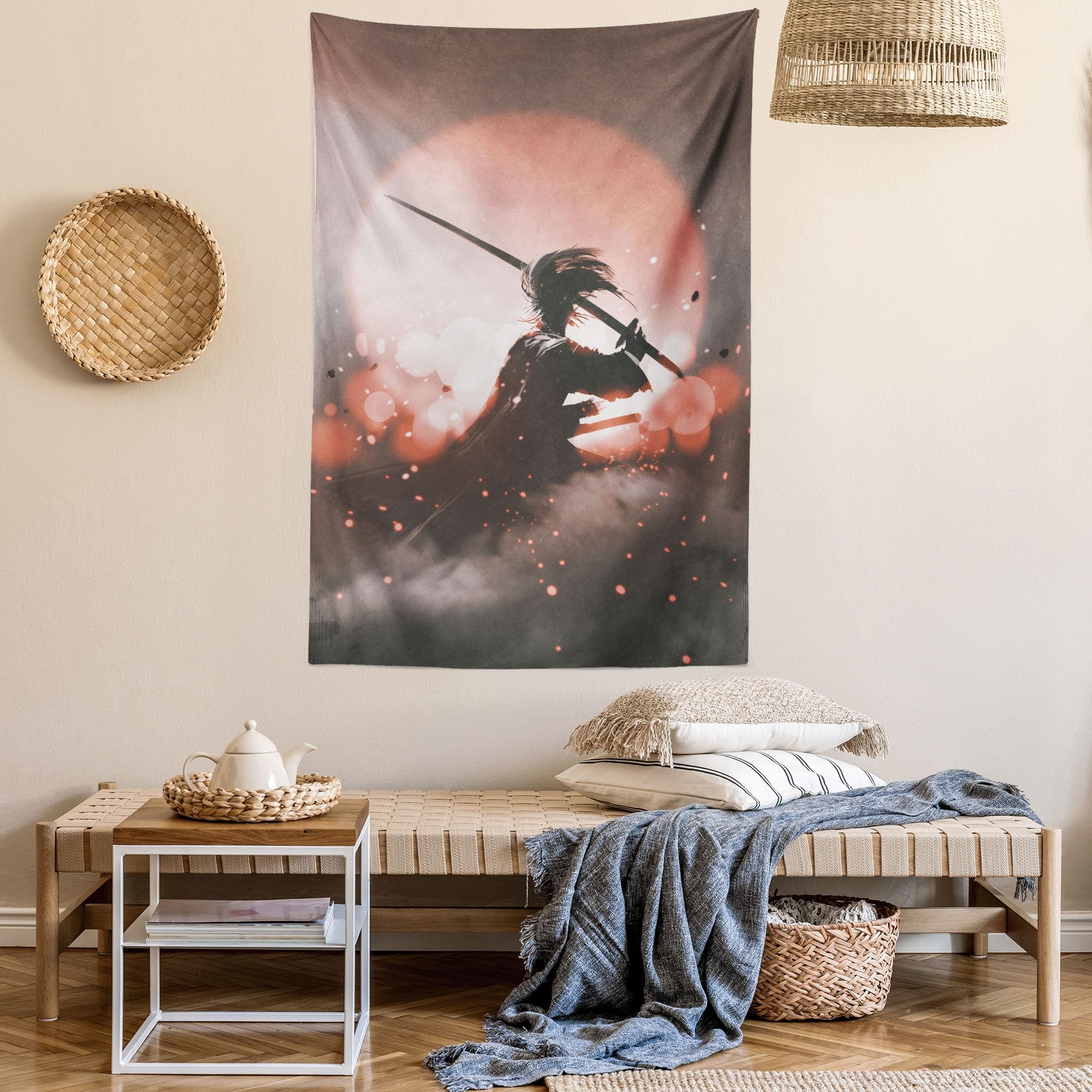 ABAKUHAUS Arazzo Giapponese Samurai - Tessuto Microfibra 140x230 Cm - Decorazione Murale Per Camera Da Letto E Soggiorno - Salmon Umber - 3