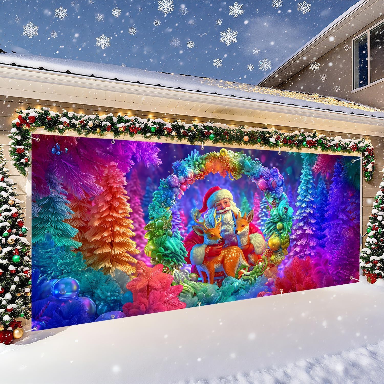 Christmas Garage Door Banner 7x16 ft – Santa with Deer in Colorful Holiday Wreath – Festive Outdoor Christmas Decoration for Garage, Yard, Front Door – Waterproof, Easy to Hang