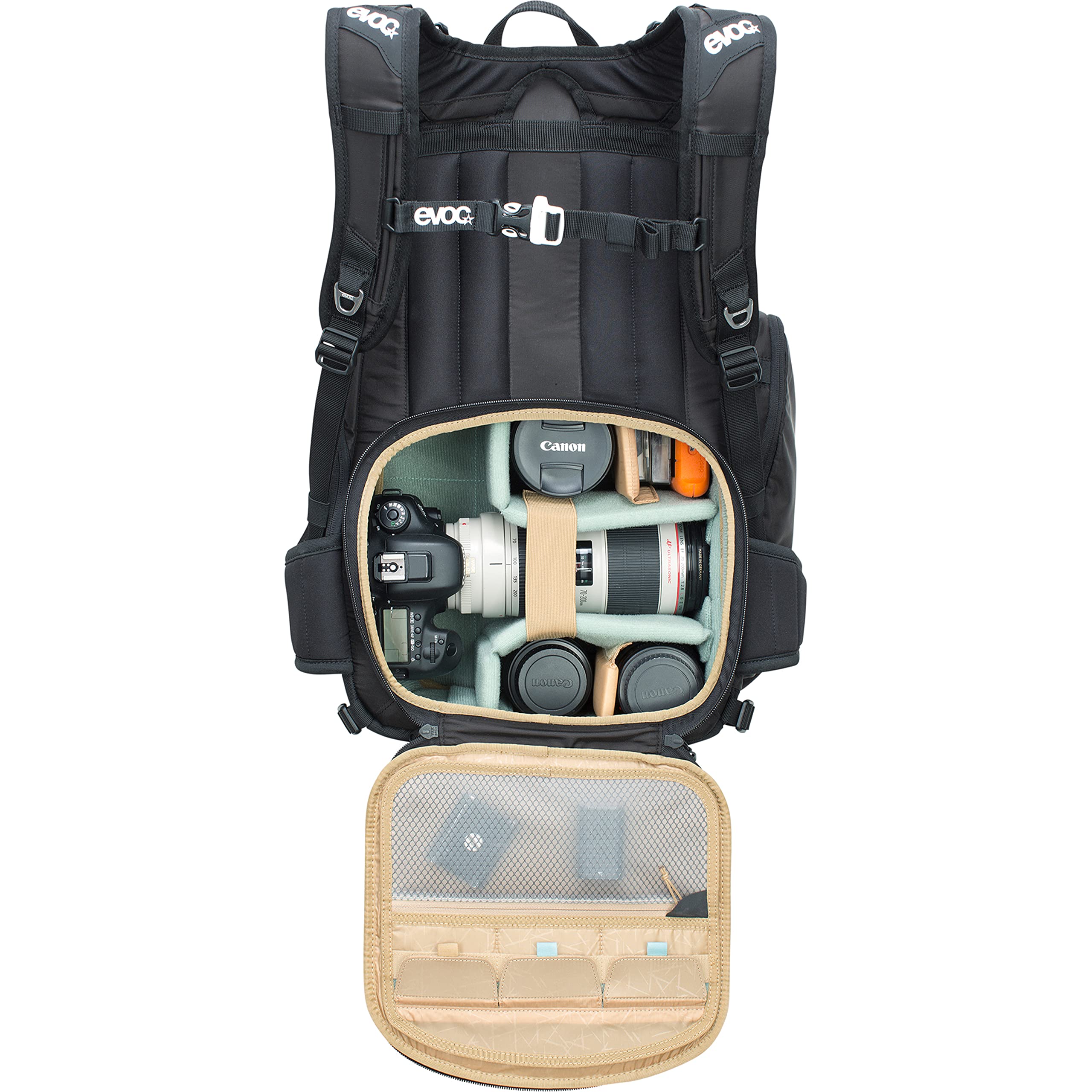 EVOC CP 18l Outdoor Camera Backpack per attrezzatura fotografica professionale (sistema di trasporto ergonomico, sistema di cinghie per piccozze, sci, snowboard o treppiede), Nero
