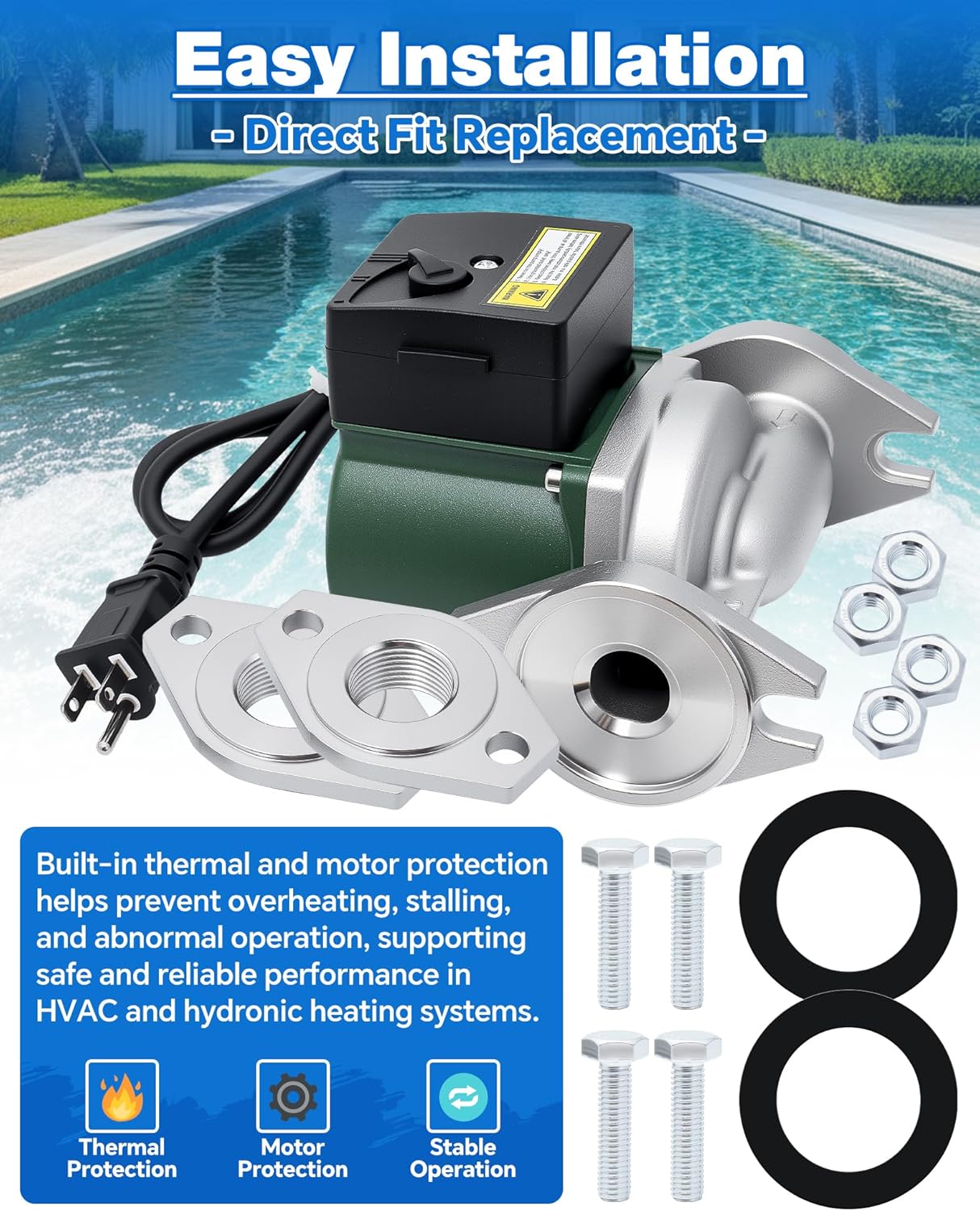 009-SF5 Water Circulating Pump Compatible with Taco Flanged High Velocity Cartridge Circulator Pump, 1/8 HP 115V 3250RPM 10GPM 150PSI, Replace# 009SF5