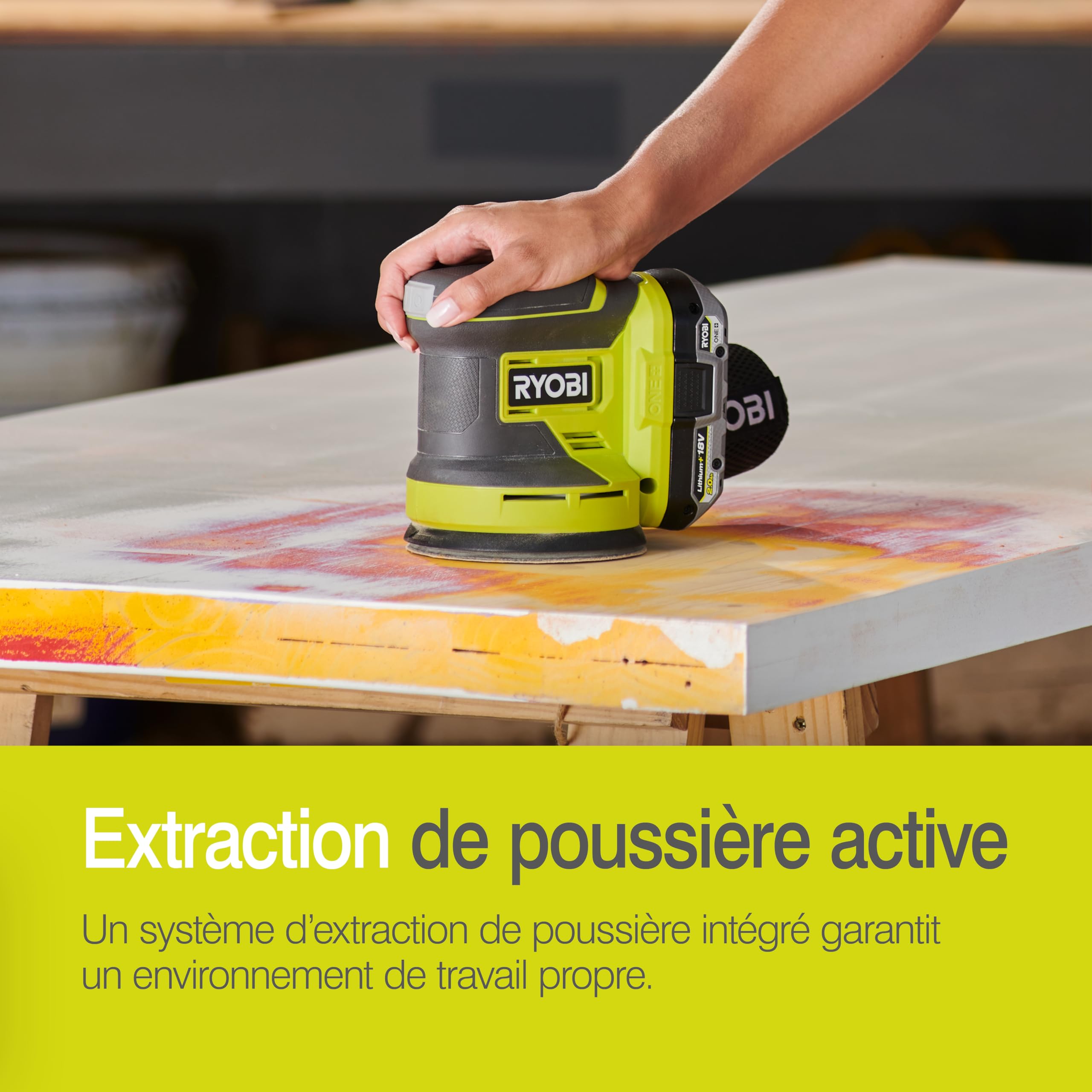 RYOBI - Ponceuse Excentrique Sans Fil 18V ONE+ RROS18-0 – Plateau Ø125 mm, Collecteur de Poussière, Mouvements Orbitaux Puissants – Finition Bois, Peinture, Métal – Batterie Non Incluse