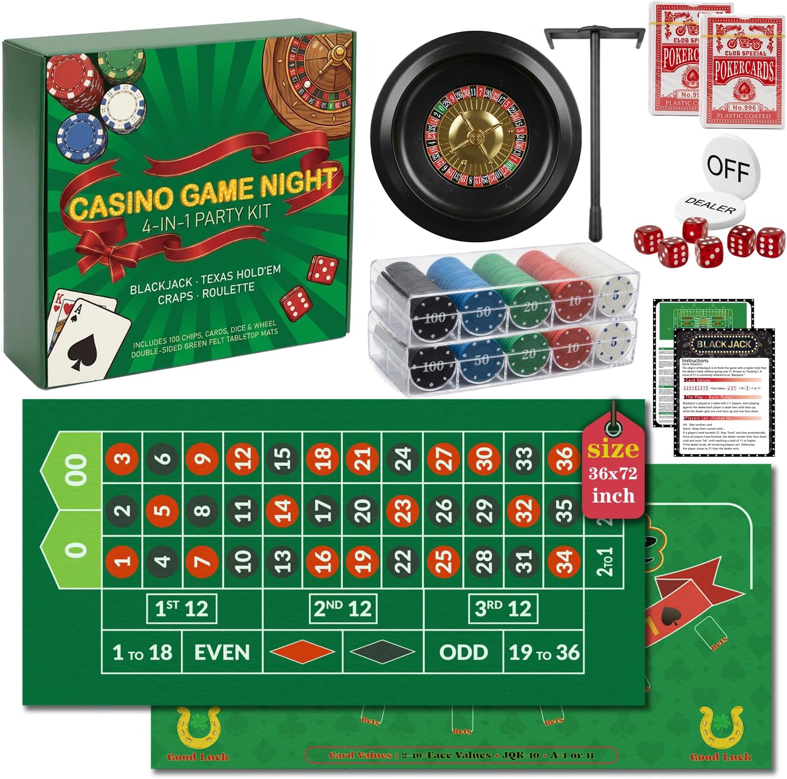 Casino Night 4-in-1 Complete Game Set with 2 Double-Sided Felt Layout Mats (36"x72"), 10" Roulette Wheel, 200 Chips, Cards, Dealer Button & Dice - Includes Texas Hold'em Poker, Blackjack, Craps