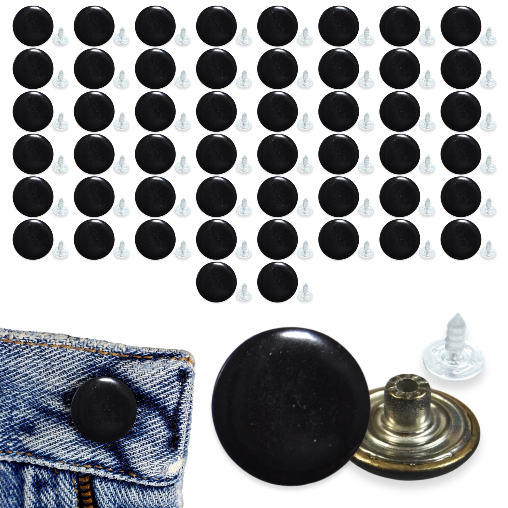 celloexpress 20mm Plain Black Jean Buttons - Metal Hammer On Studs & Pin Backs - Replacement Parts Jeans Jackets (Pack of 50) — image 1