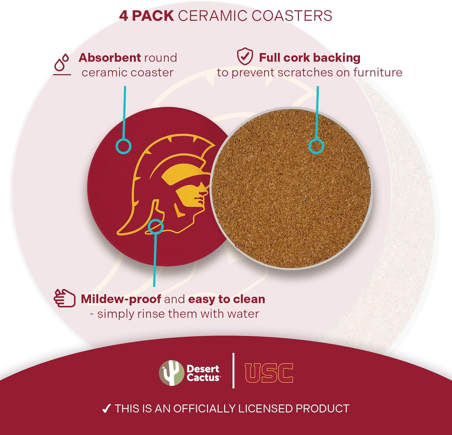 Desert Cactus USC Circle Ceramic Coasters 4 Pack University of Southern California Trojans Absorbent Drink Coasters with Cork Backing (Design A) - Image 3