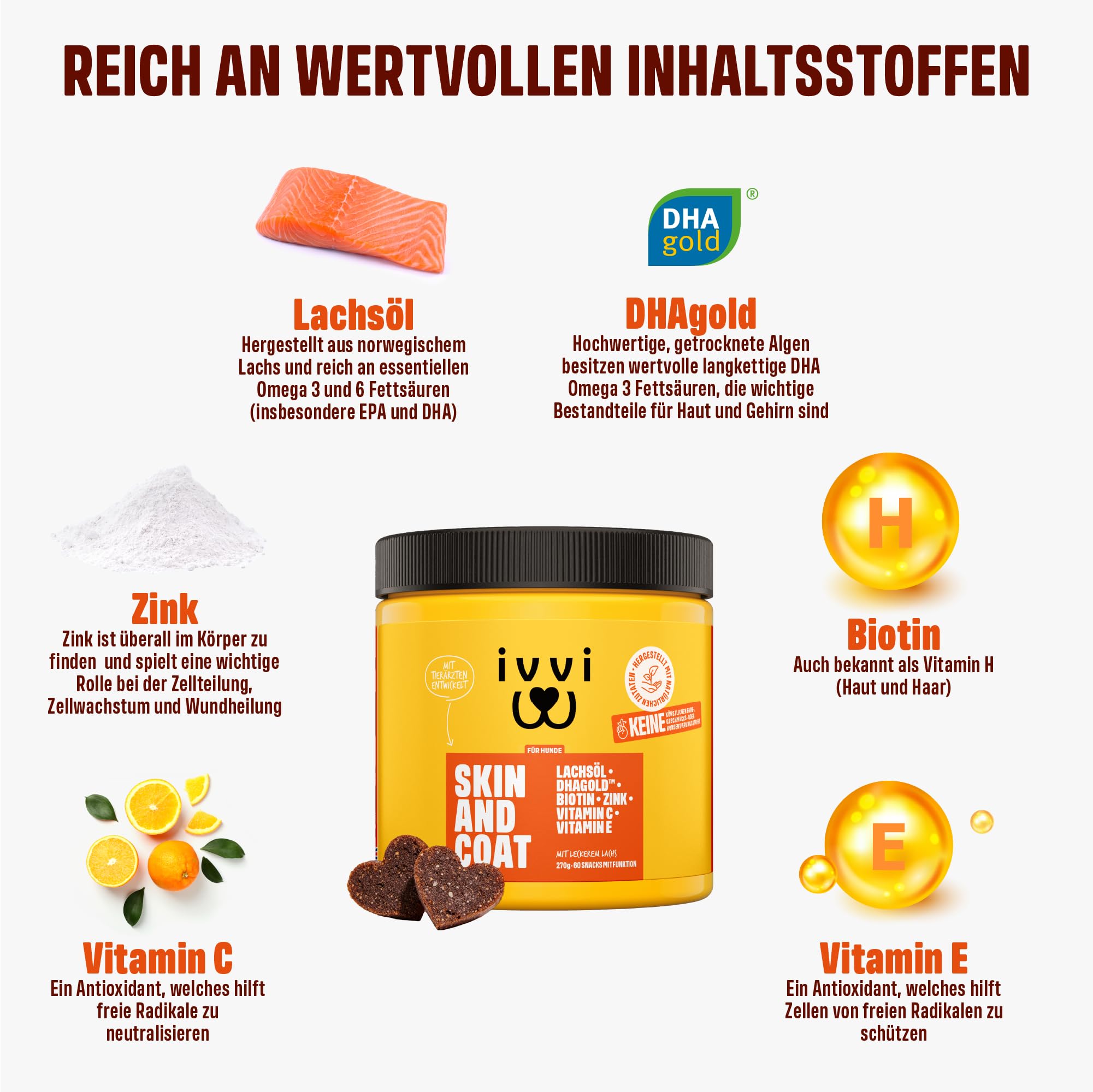 ivvi Skin & Coat Omega 3 für Hunde gegen Juckreiz im Leckerliformat, für gesunde Haut & glänzendes Fell – mit Biotin, DHAgold, Zink, Vitamin C, Lachsöl - 60 leckere Snacks (270g) mit Lachs