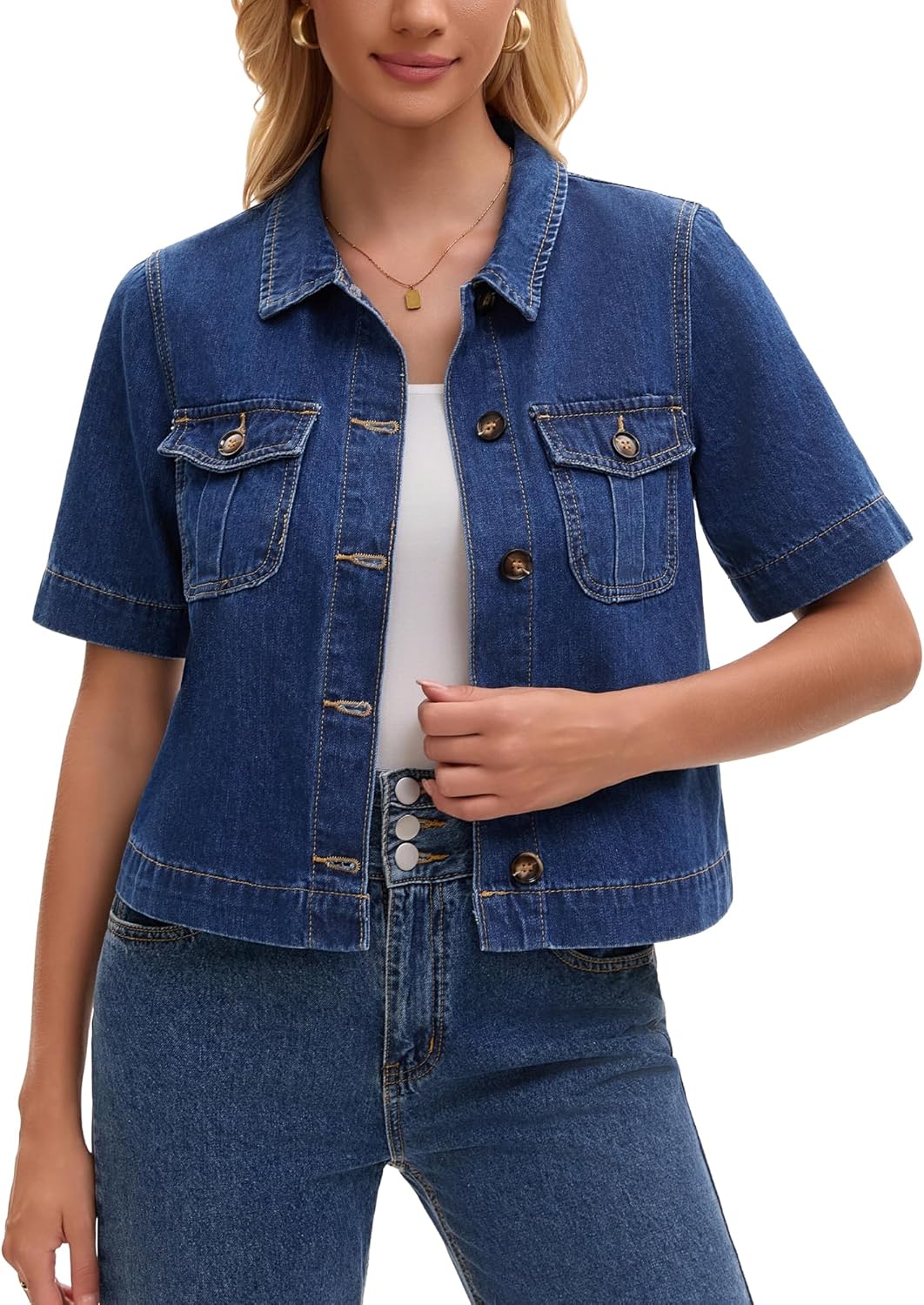 Womens Jean Jacket Button Down with Pockets 2026 Casual Short Sleeve Denim Shirt