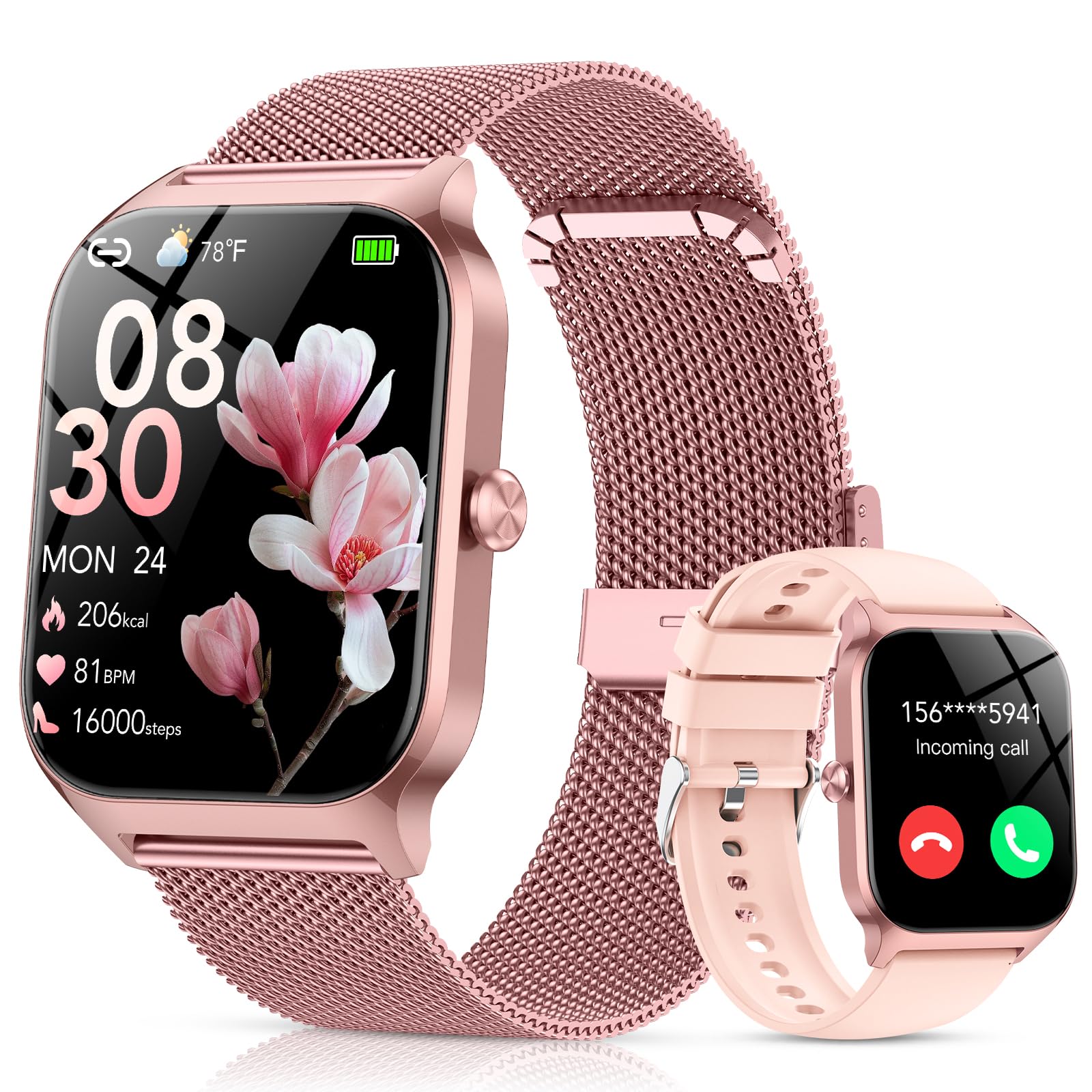 Smartwatch Damen mit Telefonfunktion(2 Strap), 1.85" HD Uhren mit Herzfrequenz/SpO2/Schlafmonitor/Schrittzähler, 120+ Sportmodi Fitnessuhr, IP68 Fitness Tracker, Smart Watch Kompatibel für Android iOS