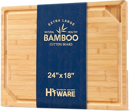Tablas de bambú extra grandes de 24 x 18 pulgadas para cocina, tabla de cortar de madera resistente con mango y ranura para jugo para carne, tabla