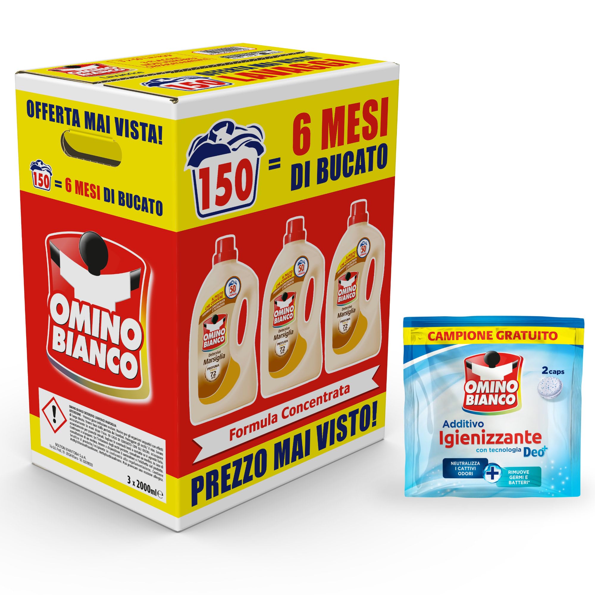 Omino Bianco - Liquid Washing Machine, 150 Washes, Respect Colours and Fabrics, Fresh Perfume with Heart of Marseille Essence, 2000 ml x 3 + Hygienising Additive Sample Hygienising Washing Machine