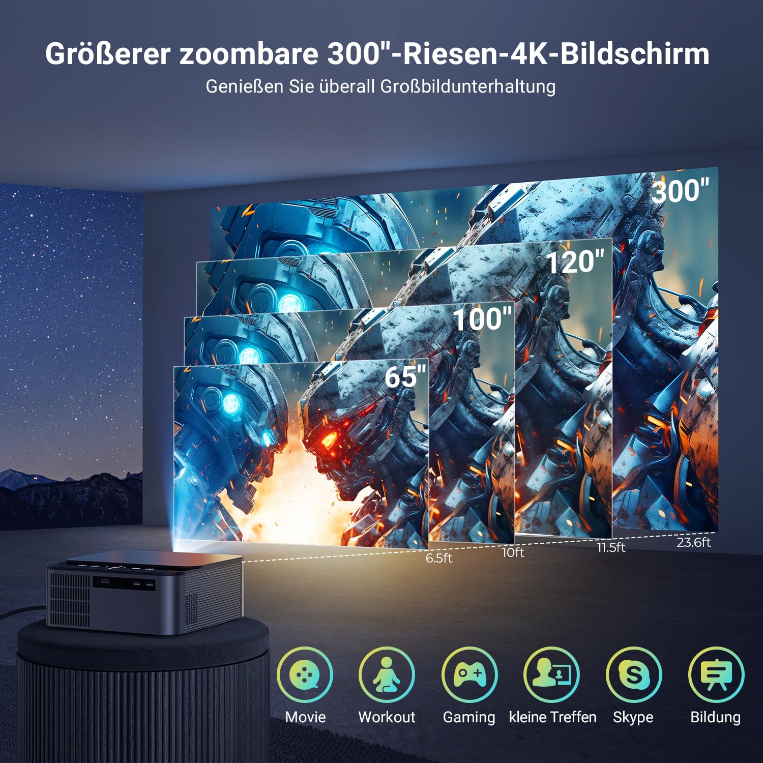 Proiettore 4K, supporto HDR10, 24,000 Lux, Smart Videoproiettore Auto Focus, Nativo 1080P Full HD, Wifi 6 Bluetooth a 2 vie, Per iOS, TV Stick, HDMI