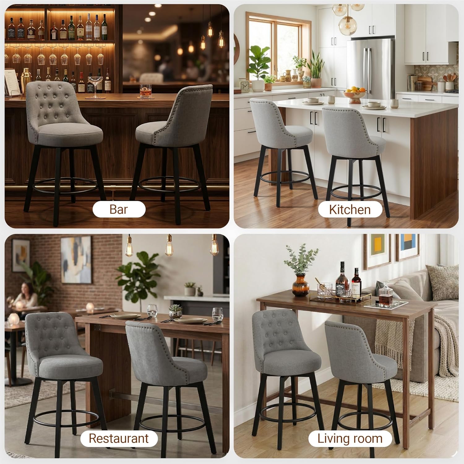 Polarisys Bar Stools with Back Set of 2, Stools for Kitchen Counter Height 35-42" Modern Counter Height Bar Stool Chairs, Wood Leg Bar Chairs with Footrest for Bar, Pubs, Restaurants(Grey-Linen)