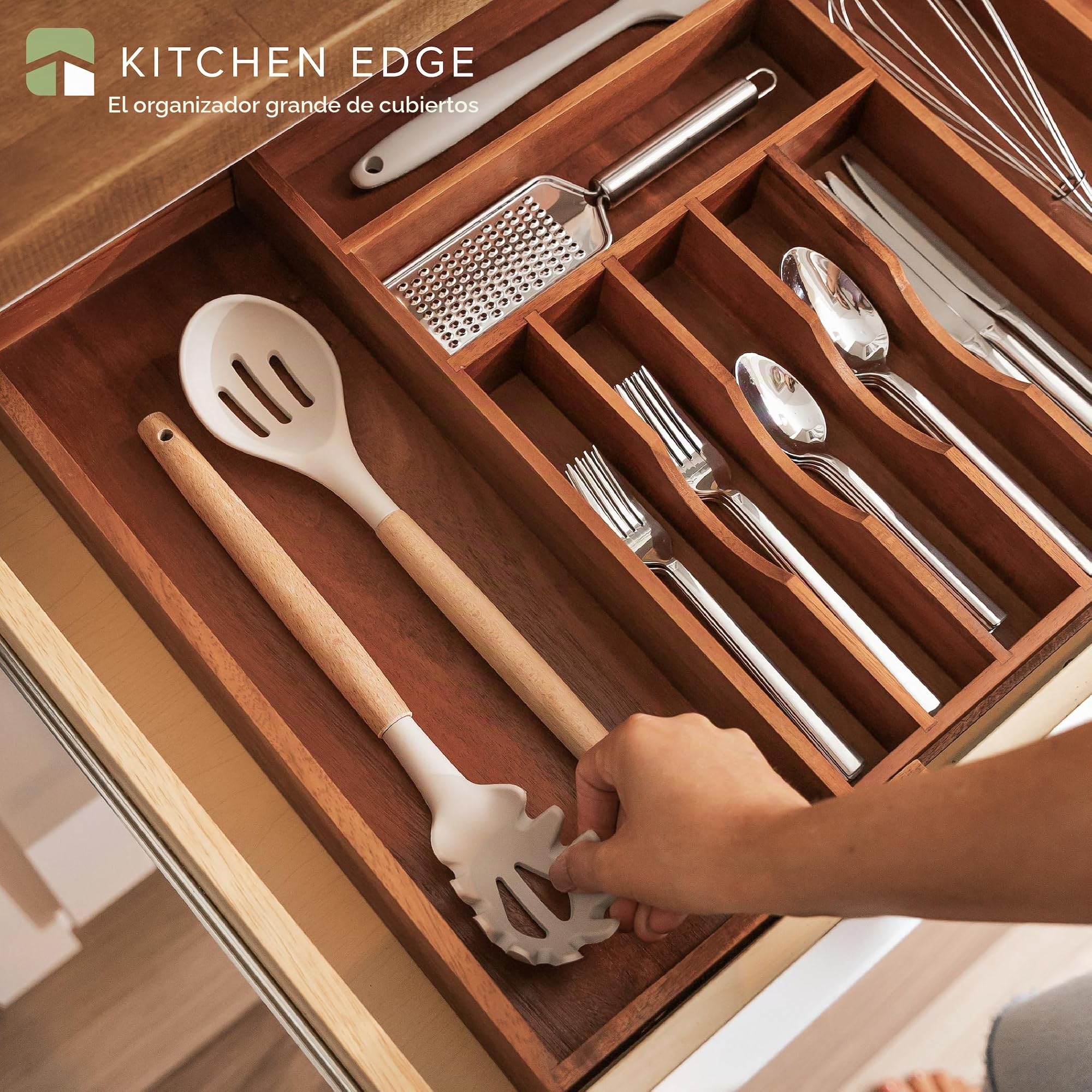 KitchenEdge Organizador de cubiertos y utensilios premium para cajones de cocina, ampliable a 71 cm de ancho, 10 compartimentos, 100% acacia