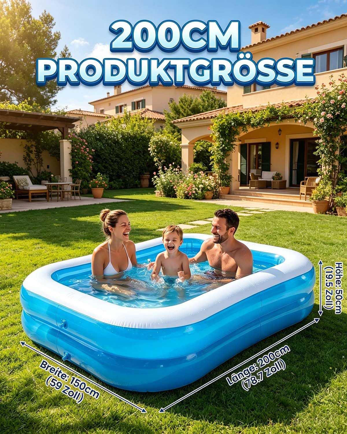 Aufblasbares Planschbecken Family Pool Kinder PVC Rechteck 200×150×50cm