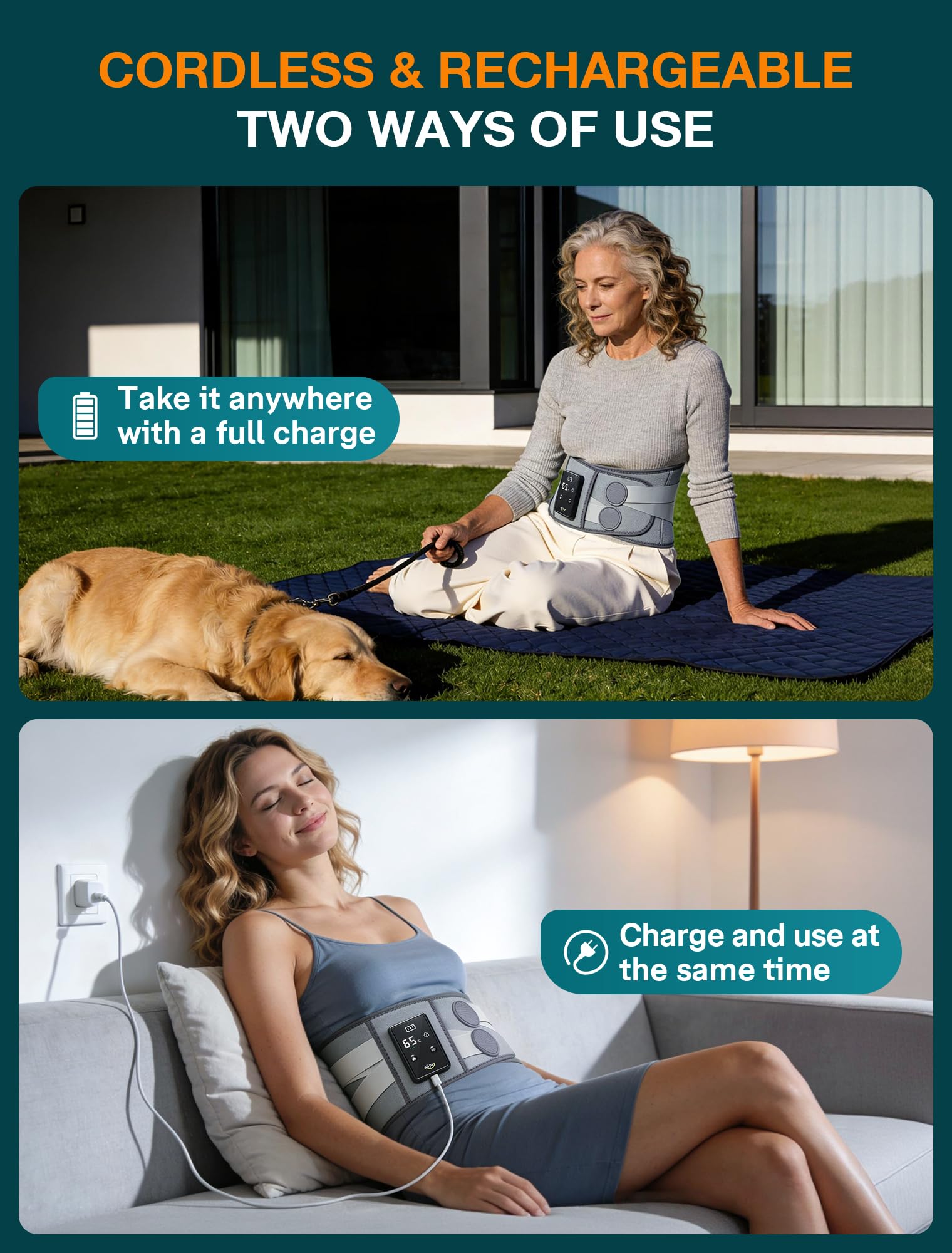 ALLJOY 67" Cordless Heating Pad for Back Pain Relief FSA Eligible HSA, Mothers Day Gifts for Women Mom Men Dad, Portable Lower Back Massager with 3 Heat 5 Vibration, Wireless Heating Pad for Cramps: Grey