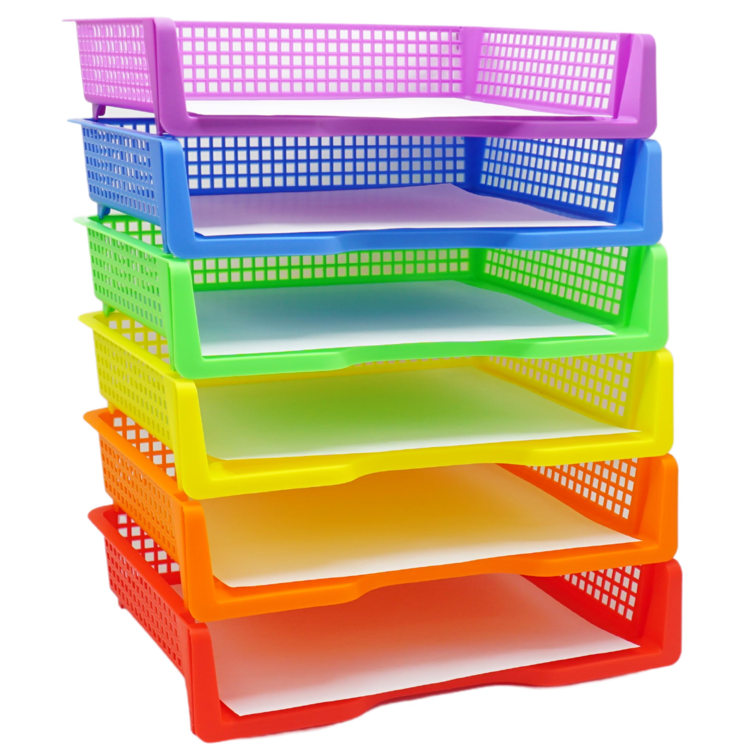 4E's Novelty 6 vassoi colorati in plastica per insegnanti, vassoi durevoli da girare, organizer per carta in classe, cestini impilabili per scrivania da ufficio, forniture per organizzazione in