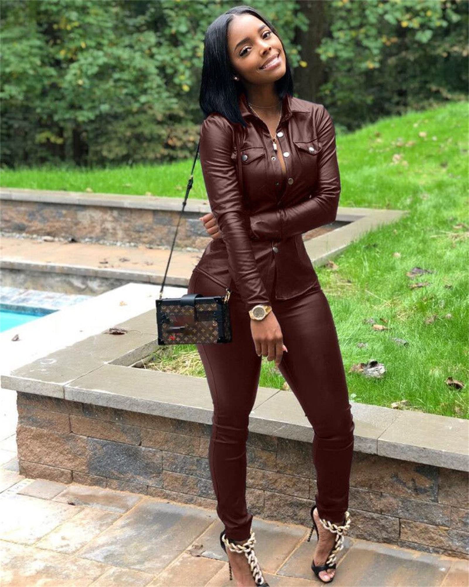 Women's PU Faux Leather 2 Piece Outfits V Neck Long Sleeve Crop Top + Stacked Pants Set (Red,X-Large)