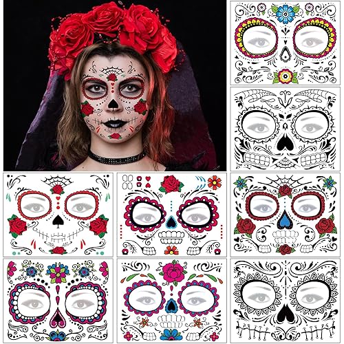 Tatuajes faciales del Día de los Muertos, 8 hojas de tatuajes temporales de Halloween, kit de calcomanías faciales para el Día de los Muertos con