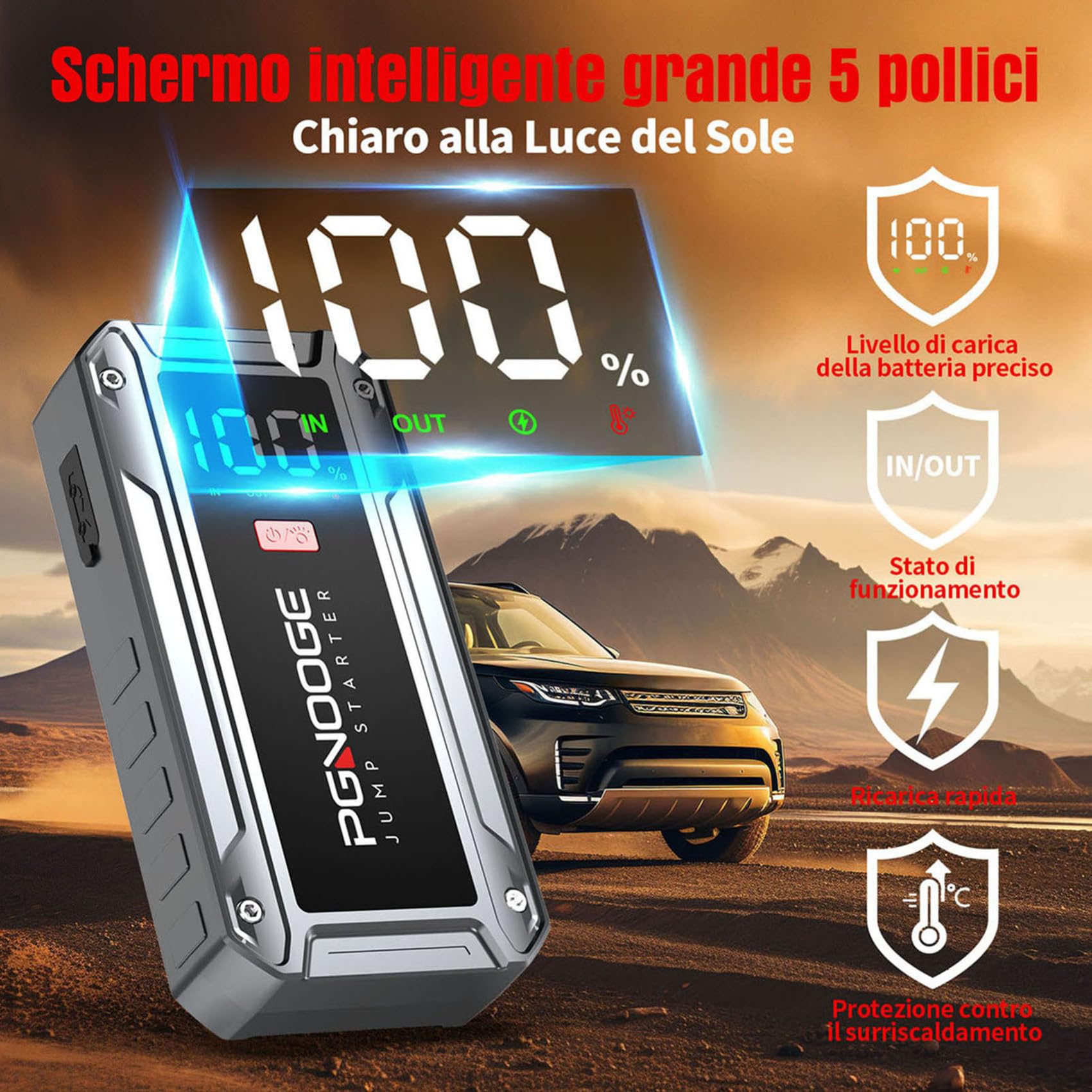 Avviatore Batteria Auto 26800mAh 6000A (Fino a ALL Gas/10 L Diesel), 12V Starter Batteria Auto Con Pulsante Di Avvio Forzato E Uscita USB, Ampio Display Lcd, Luce Da 600 Lumen