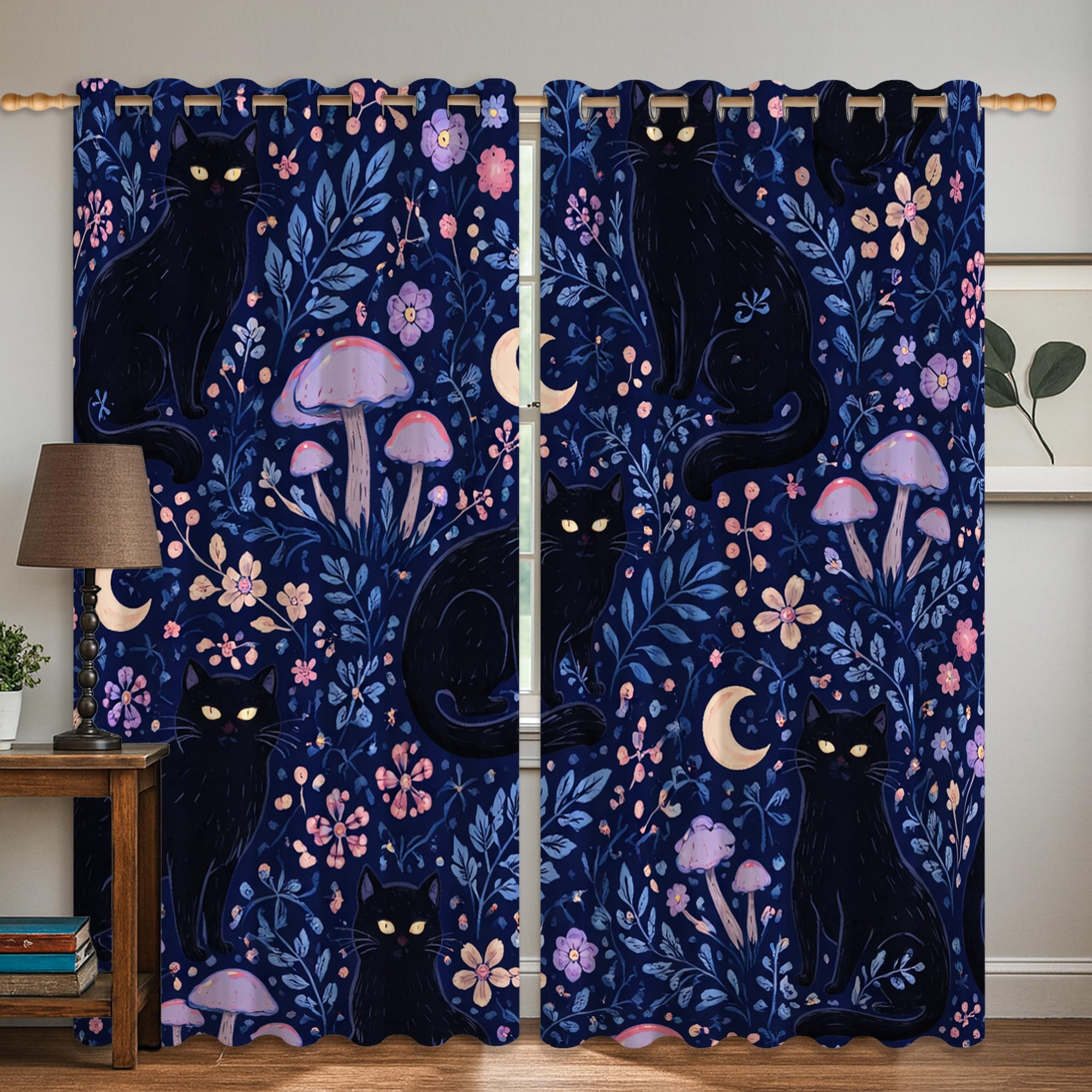 Rideaux occultants motif chat fleur Halloween 106 x 160 cm