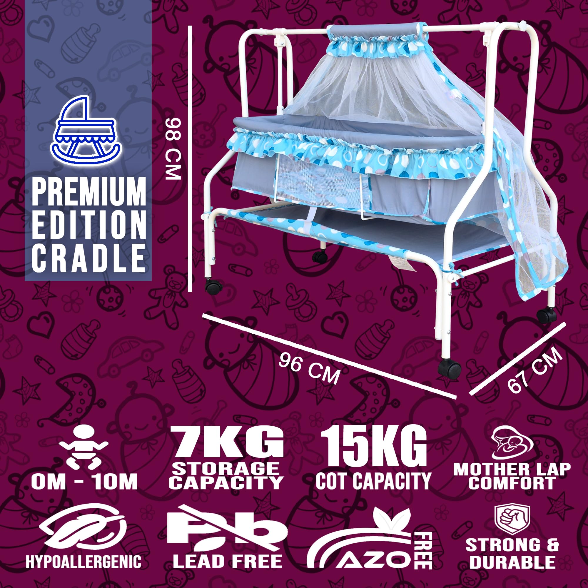 Kiddery Ares | Cradle for Baby | New Improved Mattress Design | Mosquito Protection Net | Smooth Swing | All Wheel Lock | Palna | Jhula | Uyyala | 0-10 Months | Blue 1