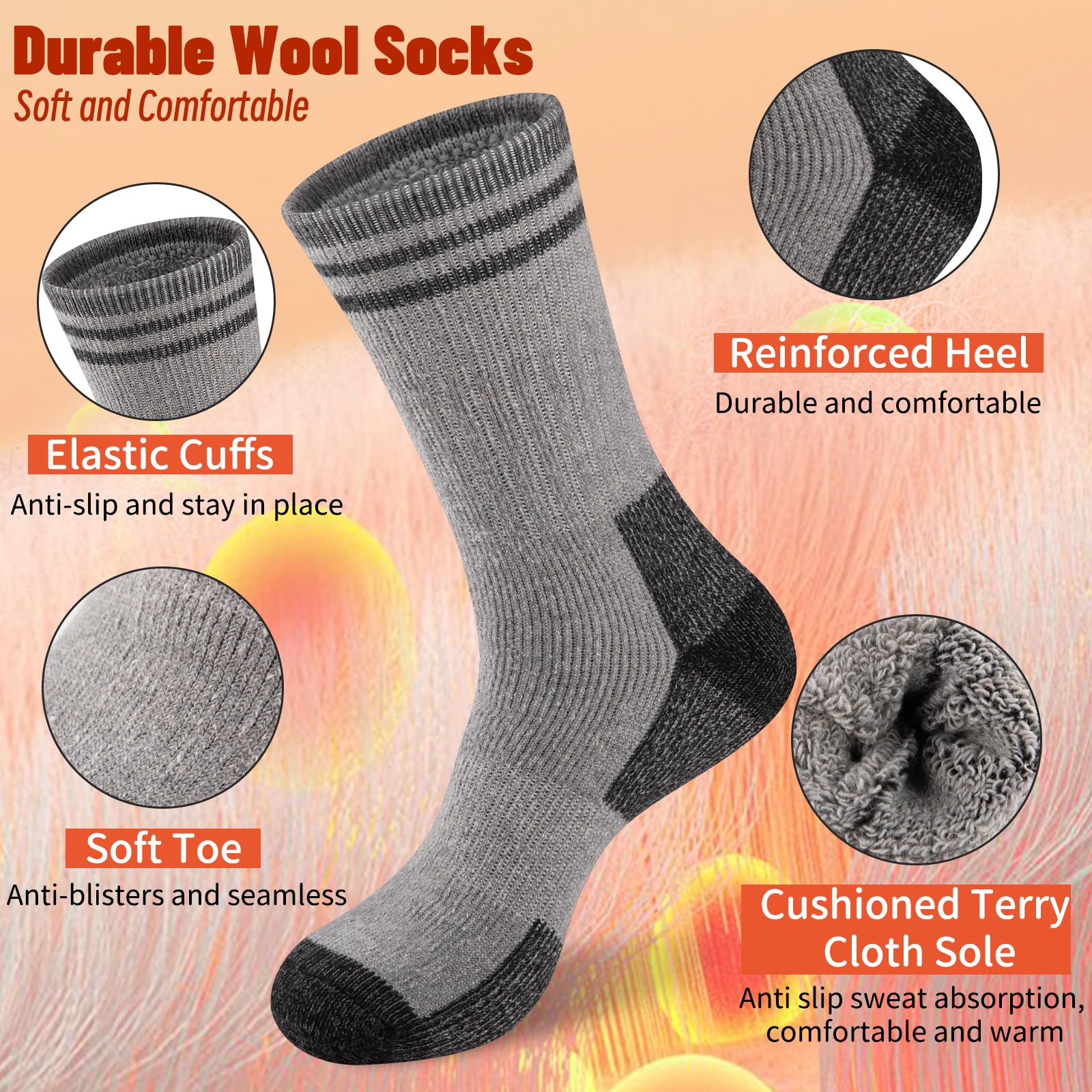 COOVAN Calcetines de lana merino para hombre, térmicos, cálidos, para invierno, suaves, acogedores, para clima frío, trabajo, senderismo, 5 pares