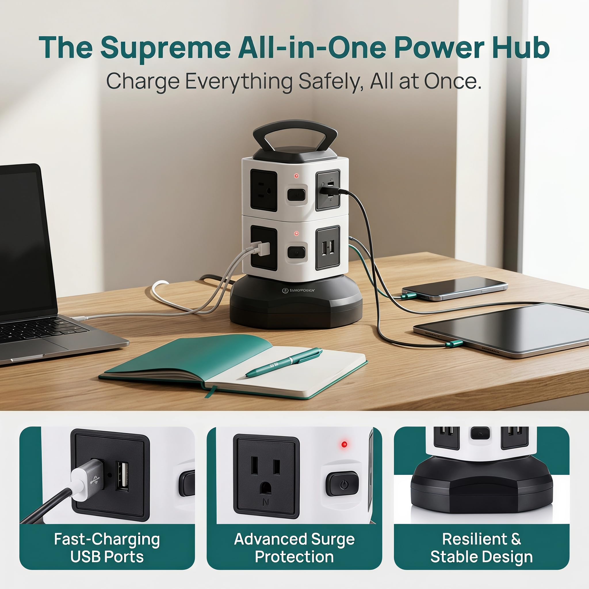 Multipresa Verticale con Protezione da Sovratensione, 6/10/14 Prese, 4 Porte USB E Cavo da 2 Metri - Ideale per Pc, Laptop E Dispositivi Mobili - Design Compatto E Versatile