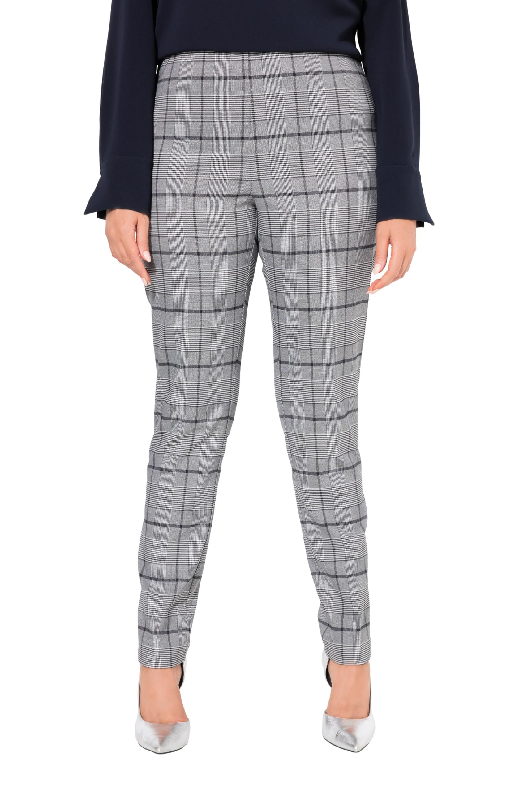 Ulla Popken Damen große Größen Übergrößen Plus Size Hose, kariert, schmales Bein, Bügelfalte, Elastikbund 833833