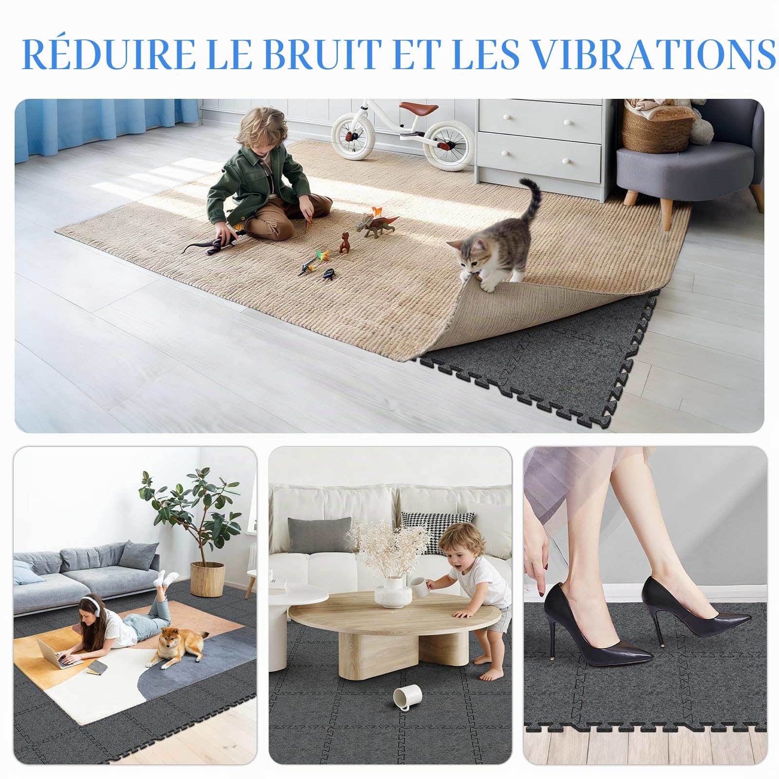BXI Lot de 10 tapis insonorisants emboîtables - 28 x 28 x 0,9 cm - Antidérapant - Réduction du bruit - En feutre - Pour protéger et ajouter du coussin aux planchers en bois dur