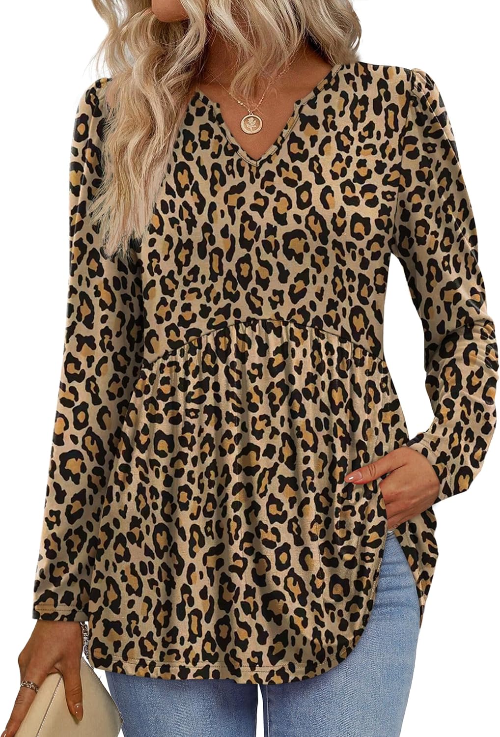 WIHOLL Womens Tops Long Sleeve Fall Shirts Babydoll Peplum Tops for Women V Neck Tunic Dressy Casual Blouses