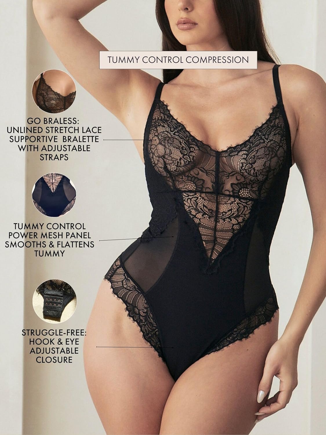 Pinsy Shapewear Smoothing Lace Bodysuit with Tummy Control, Compression, Built-in Bra