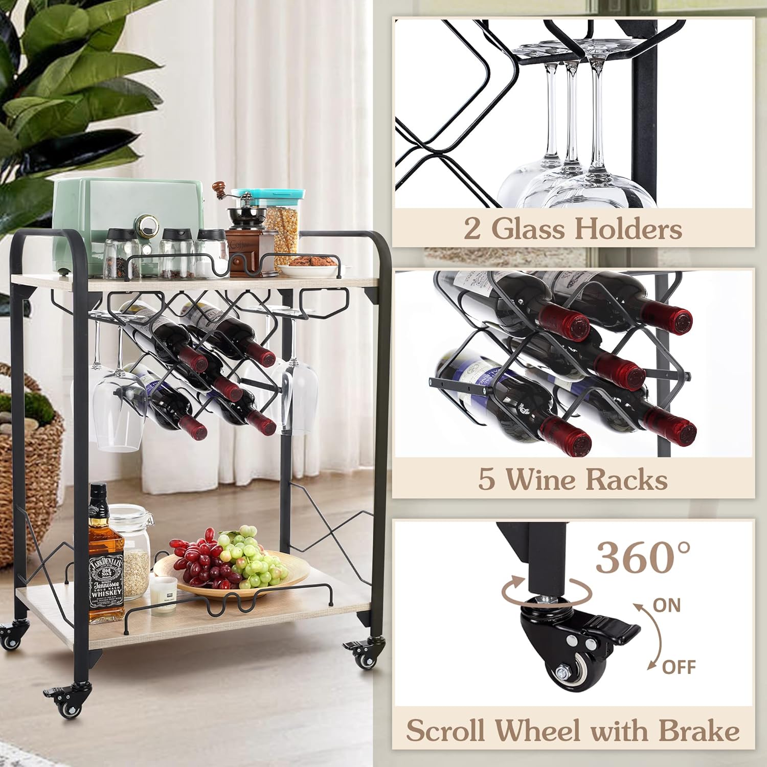 Jubao Bar Carts for The Home, 2-Tier Mobile Bar Serving Cart with Wine Racks and Glasses Holders, Wine Cart on Wheels, Beverage Small Bar Cart for Kitchen, Living Room, Wood Color
